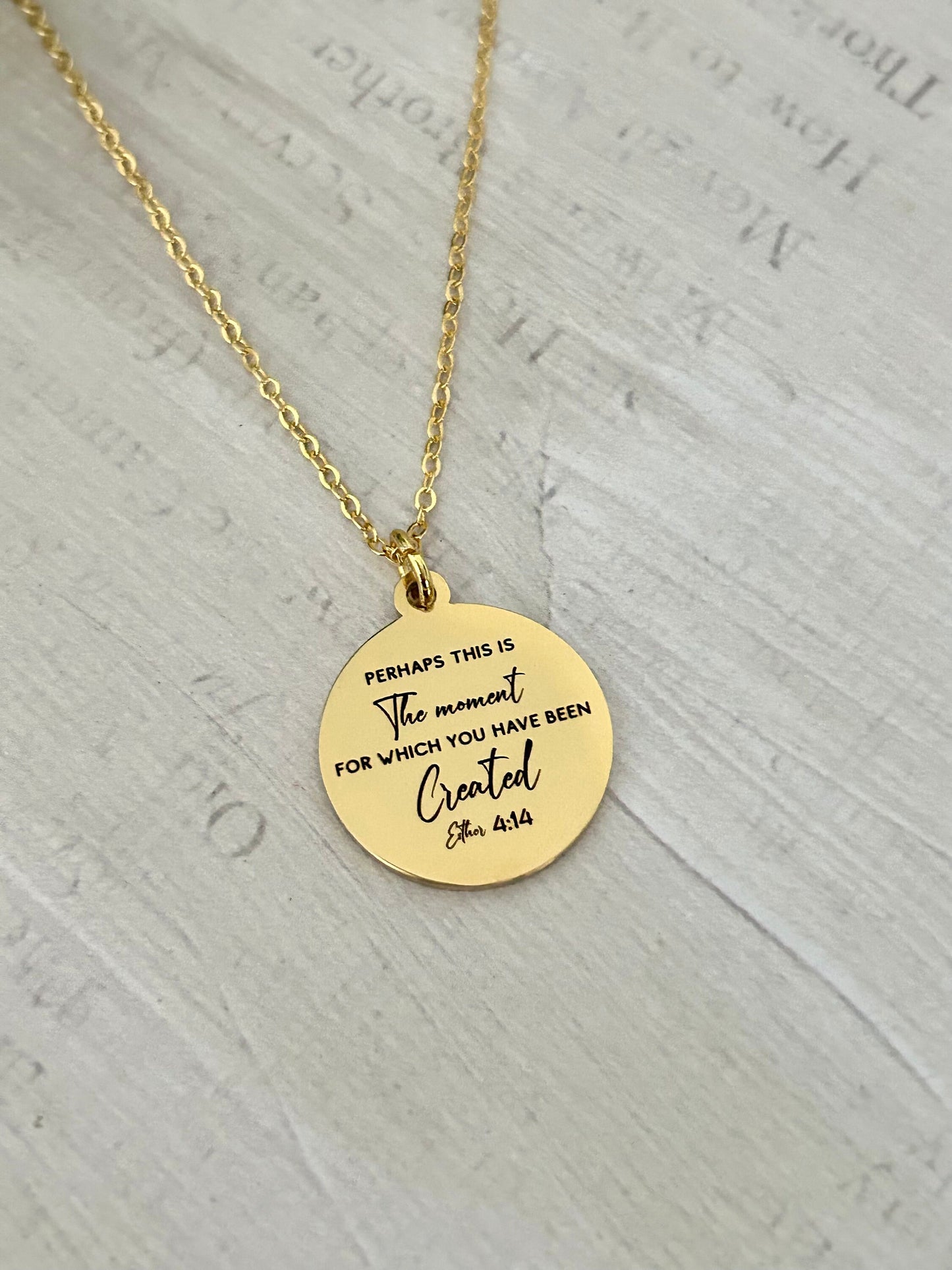 Perhaps this is the moment for which you have been created Gold Disc Necklace, scripture pendant, bible verse charm, Christian jewelry Gifts