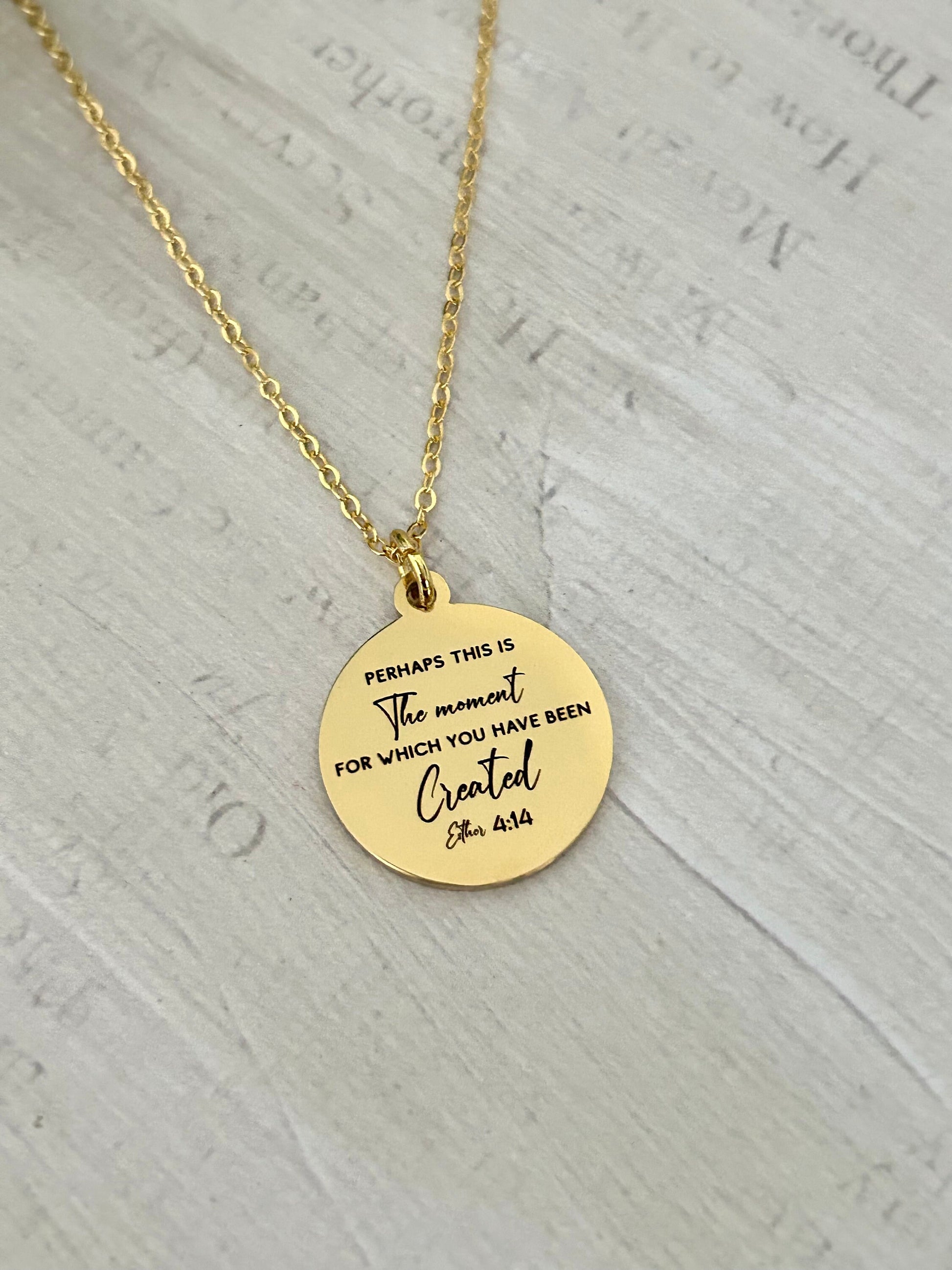 Perhaps this is the moment for which you have been created Gold Disc Necklace, scripture pendant, bible verse charm, Christian jewelry Gifts