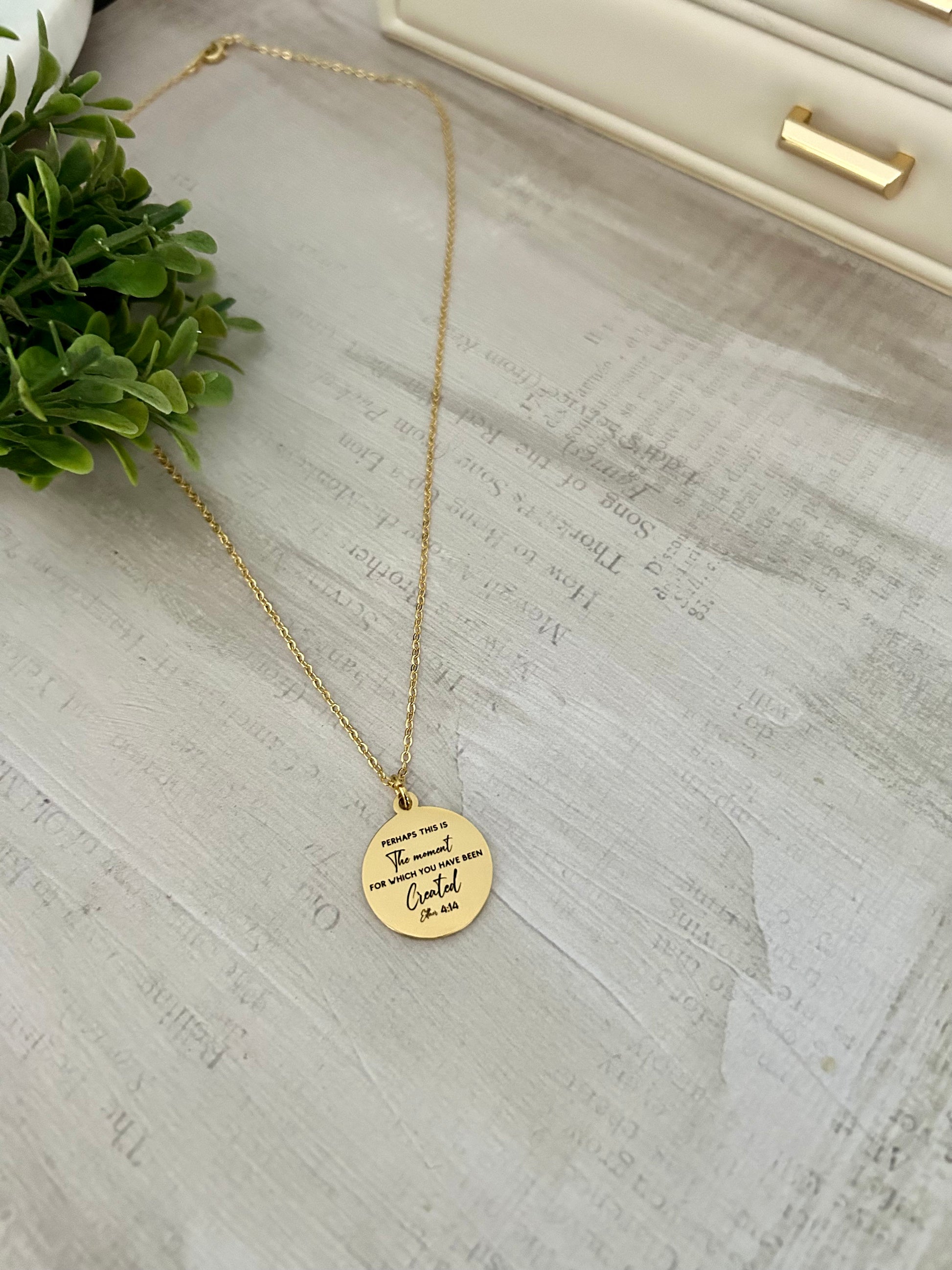 Perhaps this is the moment for which you have been created Gold Disc Necklace, scripture pendant, bible verse charm, Christian jewelry Gifts