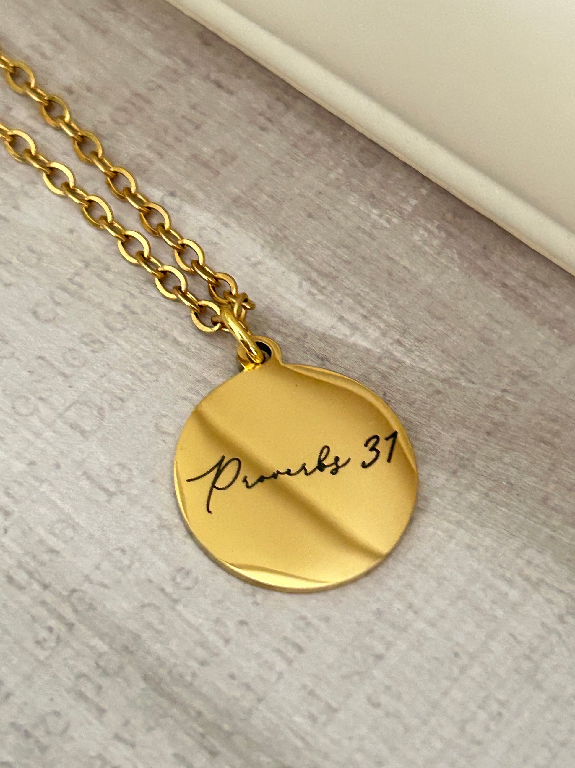 Proverbs 31 Gold Disc Necklace, A Woman who fears The Lord is to be praised, Christian Jewelry Gifts, Bible Verse Necklace, Proverbs Woman