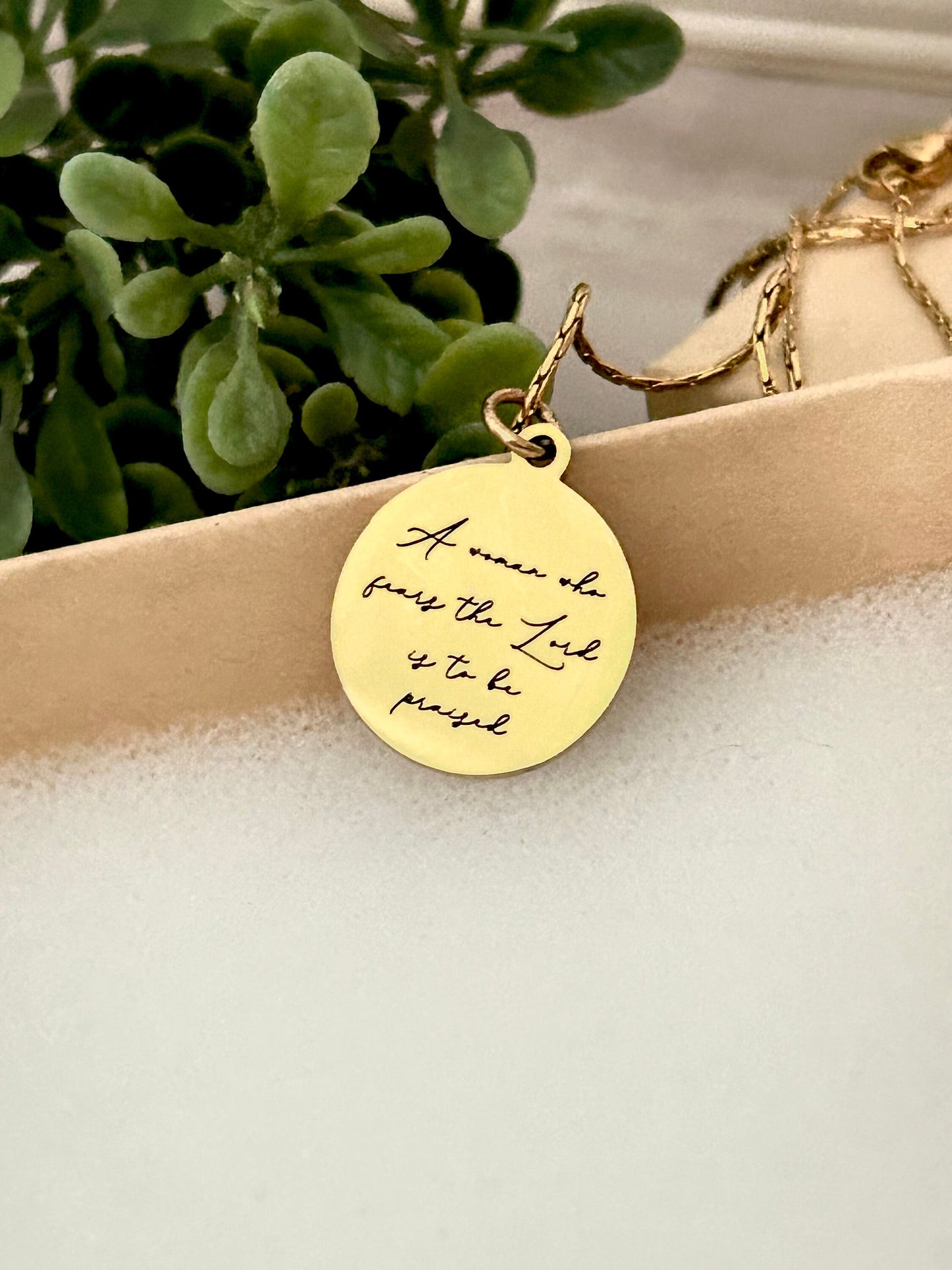 Proverbs 31 Gold Disc Necklace, A Woman who fears The Lord is to be praised, Christian Jewelry Gifts, Bible Verse Necklace, Proverbs Woman