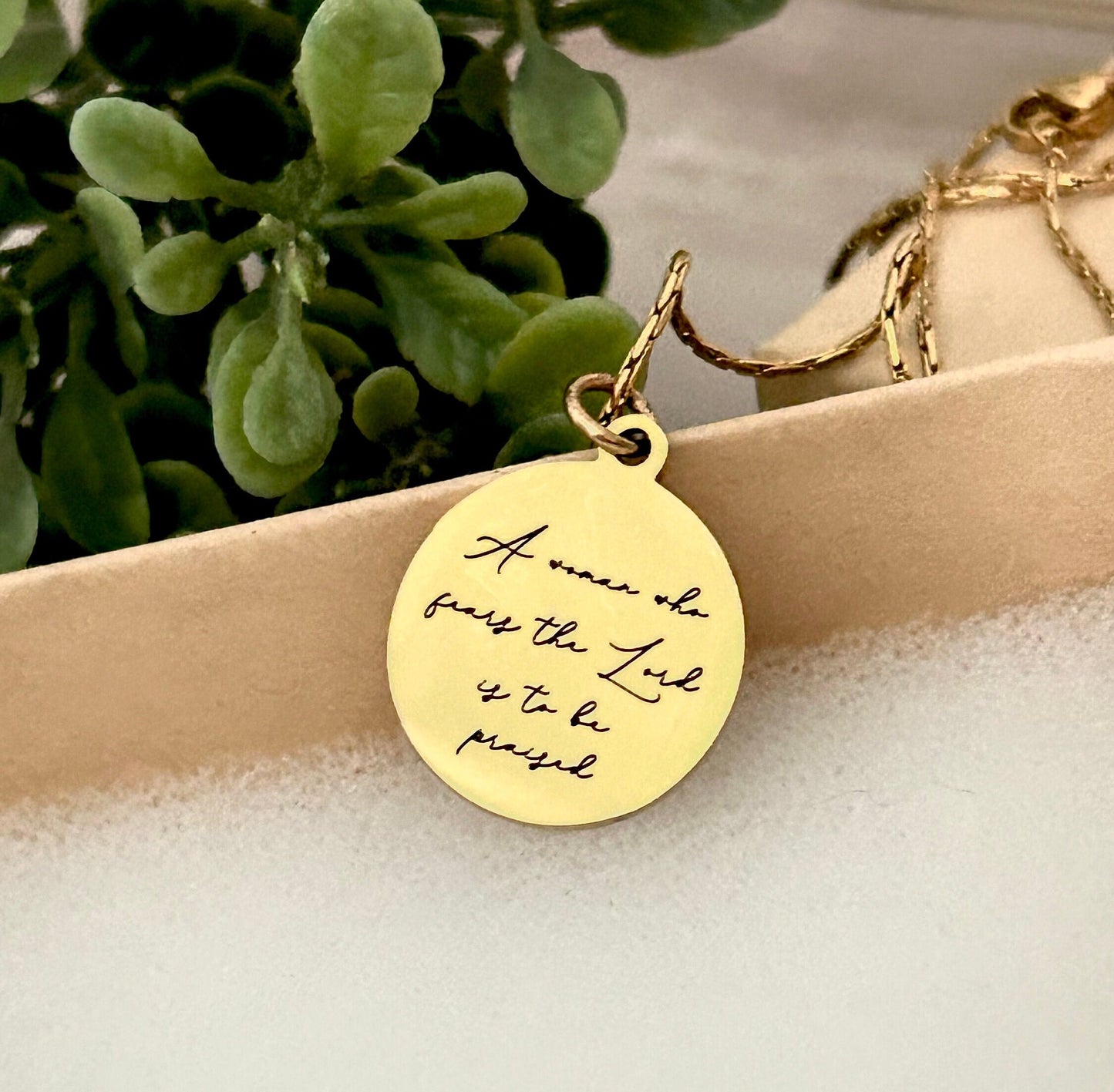 Proverbs 31 Gold Disc Necklace, A Woman who fears The Lord is to be praised, Christian Jewelry Gifts, Bible Verse Necklace, Proverbs Woman