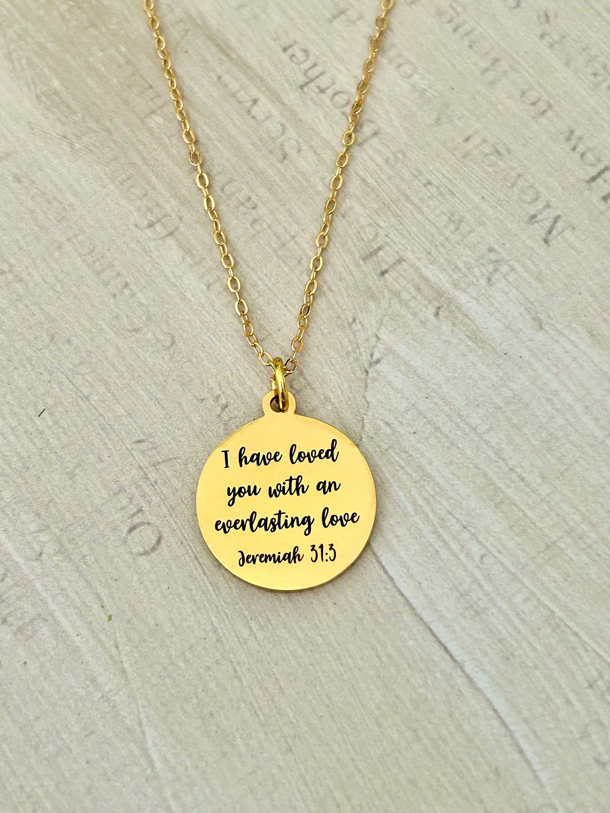 Everlasting love Bible Verse Gold Disc Necklace, Jeremiah 31:3, Christian Gifts, Scripture Jewelry, Motivational Gifts