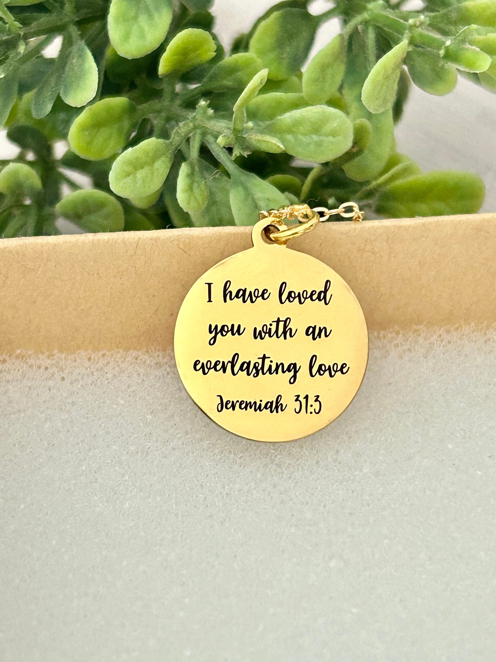 Everlasting love Bible Verse Gold Disc Necklace, Jeremiah 31:3, Christian Gifts, Scripture Jewelry, Motivational Gifts