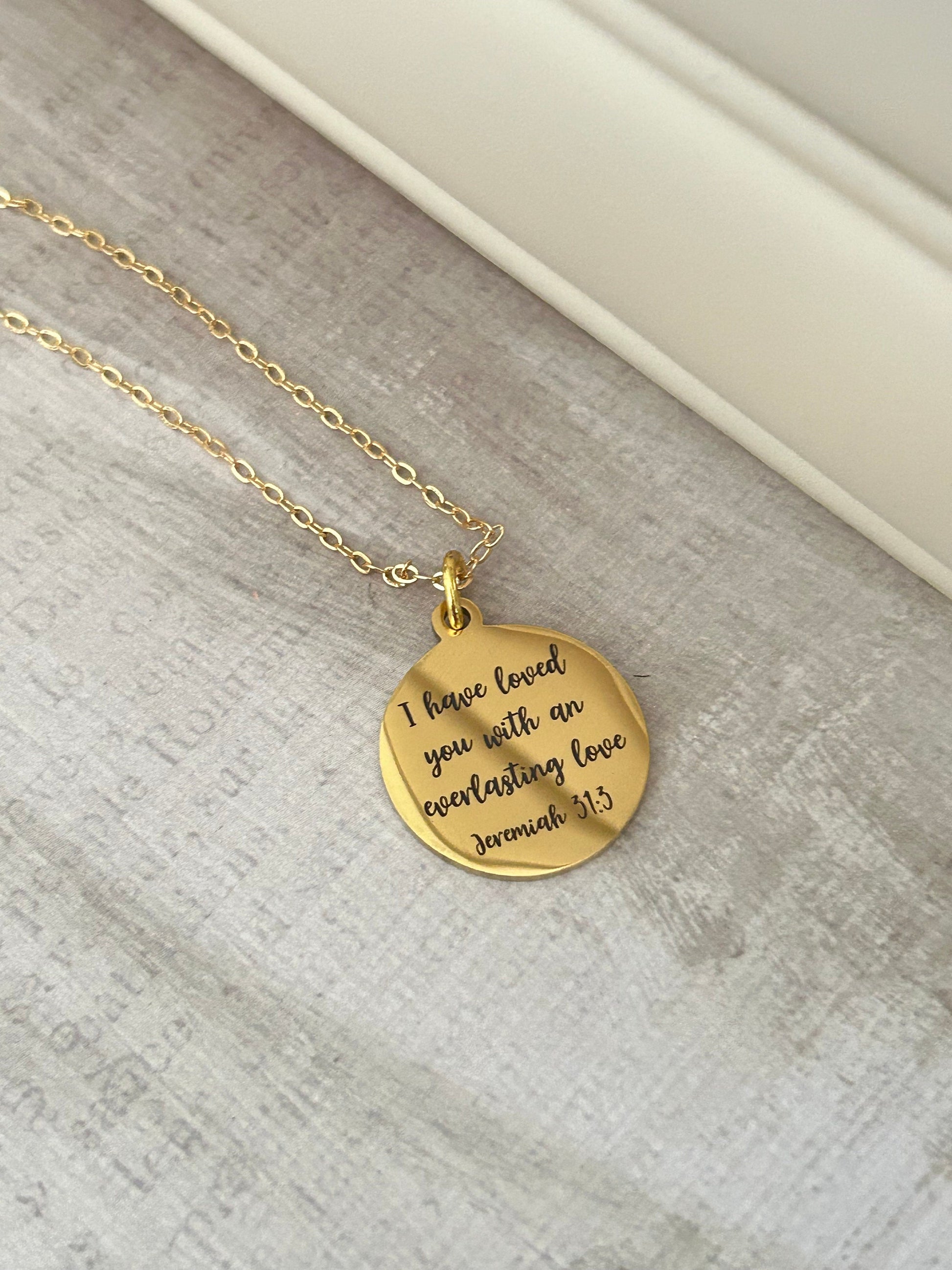 Everlasting love Bible Verse Gold Disc Necklace, Jeremiah 31:3, Christian Gifts, Scripture Jewelry, Motivational Gifts
