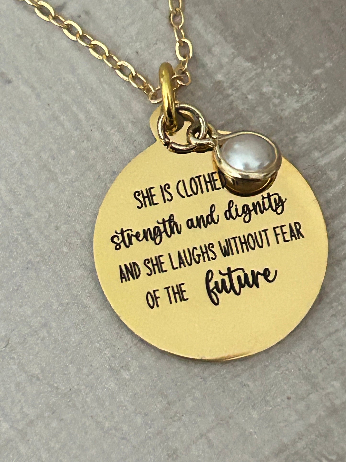 Proverbs 31 Gold Plated Bible Verse Necklace, She is clothed in strength and Dignity, Christian Gifts, Scripture Jewelry, Mothers Day Gift