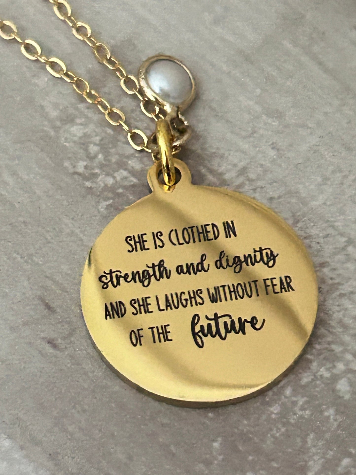 Proverbs 31 Gold Plated Bible Verse Necklace, She is clothed in strength and Dignity, Christian Gifts, Scripture Jewelry, Mothers Day Gift