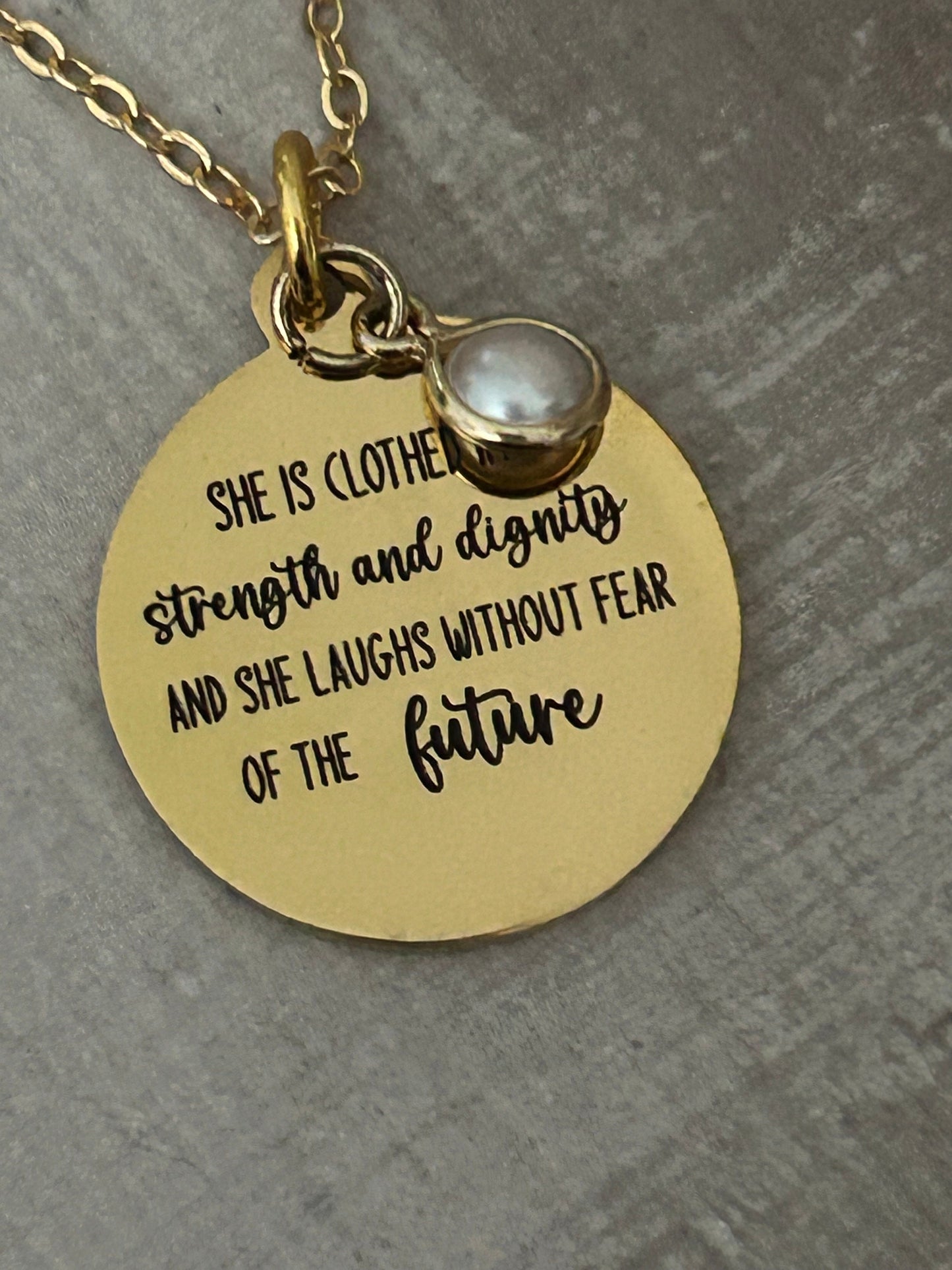 Proverbs 31 Gold Plated Bible Verse Necklace, She is clothed in strength and Dignity, Christian Gifts, Scripture Jewelry, Mothers Day Gift