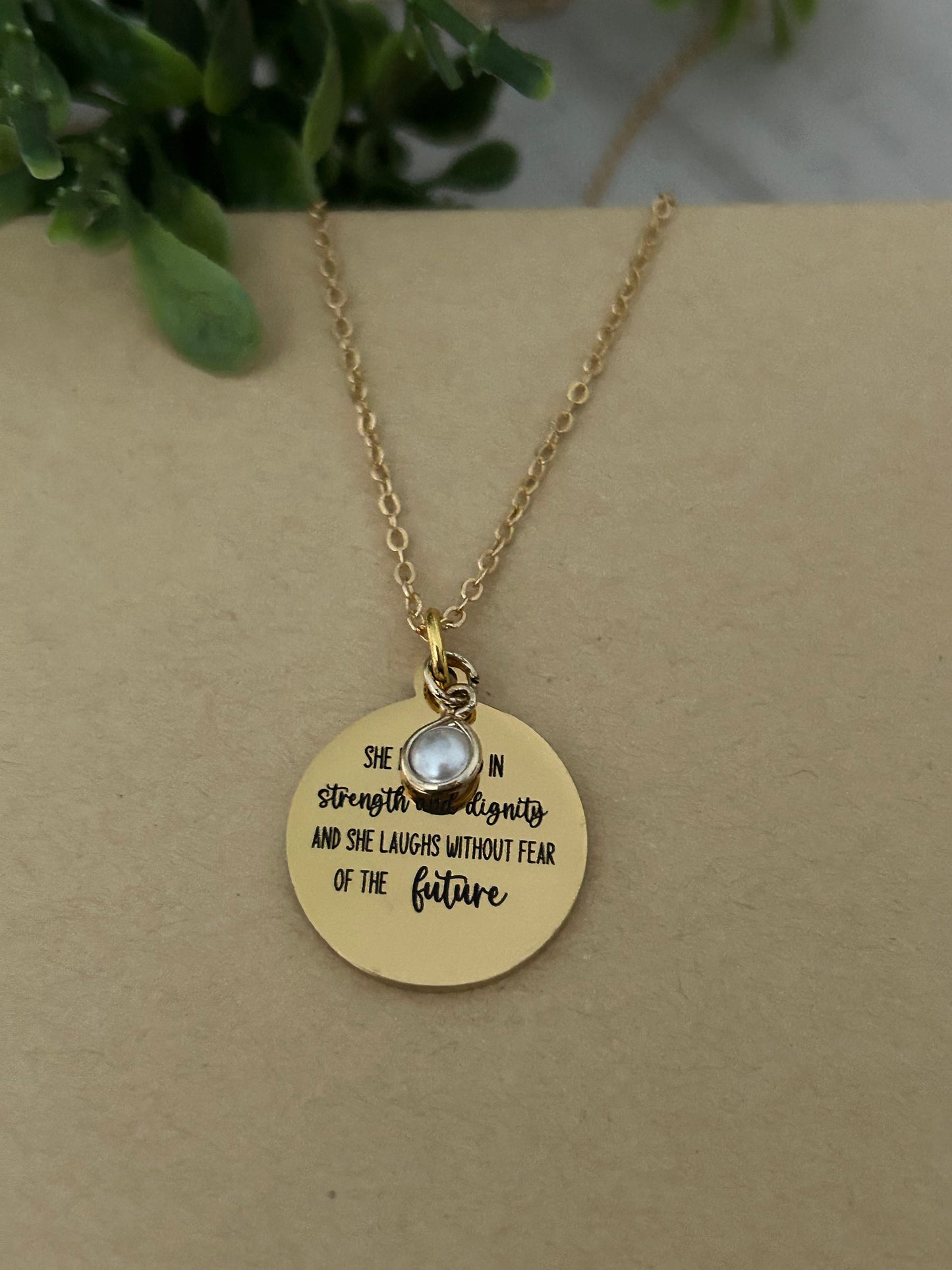 Proverbs 31 Gold Plated Bible Verse Necklace, She is clothed in strength and Dignity, Christian Gifts, Scripture Jewelry, Mothers Day Gift