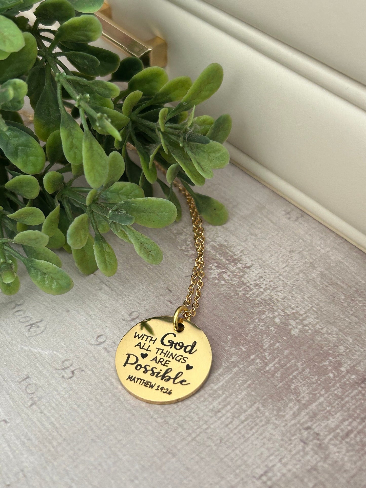 With God All Things are Possible Scripture Gold Necklace, Bible Verse Jewelry, Christian Gifts, Mathew 19:26, Baptism Gift, Scripture Charms