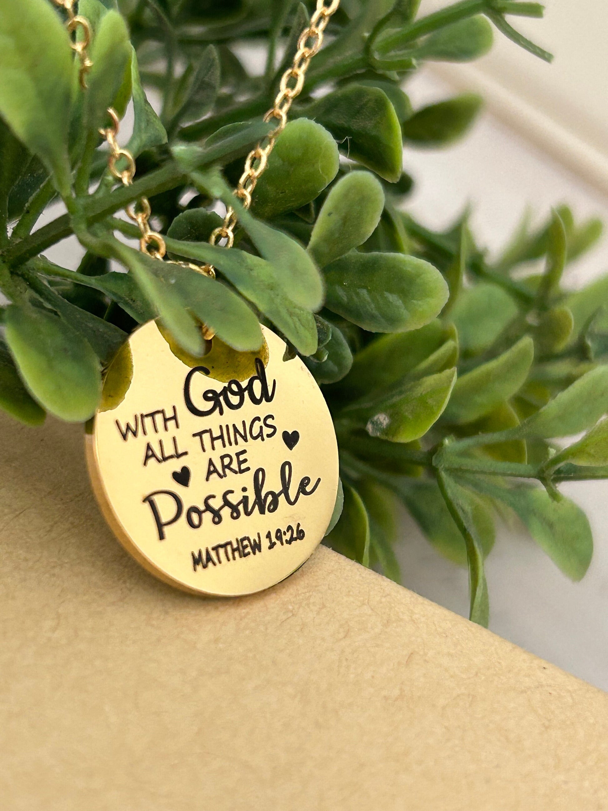 With God All Things are Possible Scripture Gold Necklace, Bible Verse Jewelry, Christian Gifts, Mathew 19:26, Baptism Gift, Scripture Charms