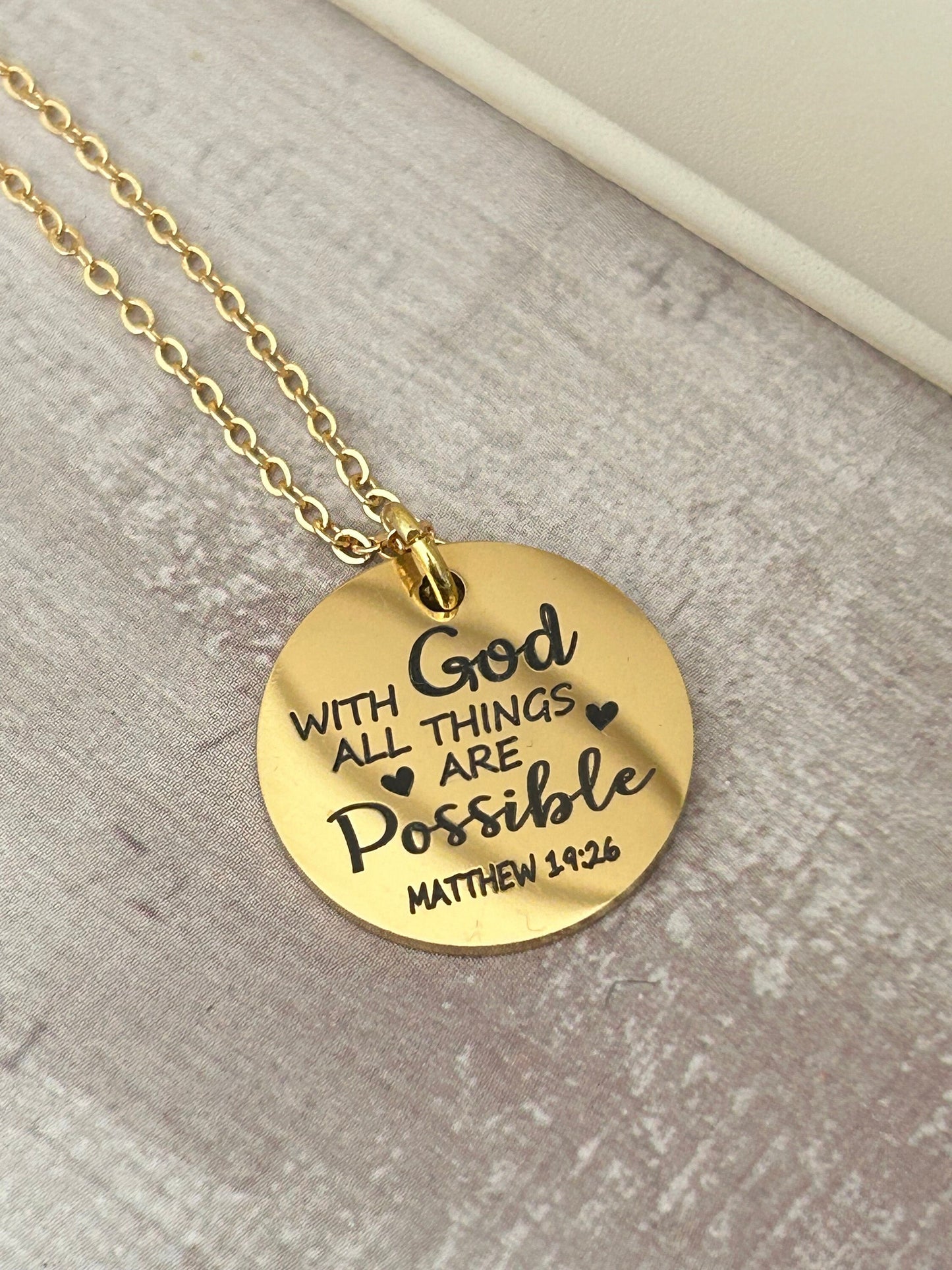 With God All Things are Possible Scripture Gold Necklace, Bible Verse Jewelry, Christian Gifts, Mathew 19:26, Baptism Gift, Scripture Charms