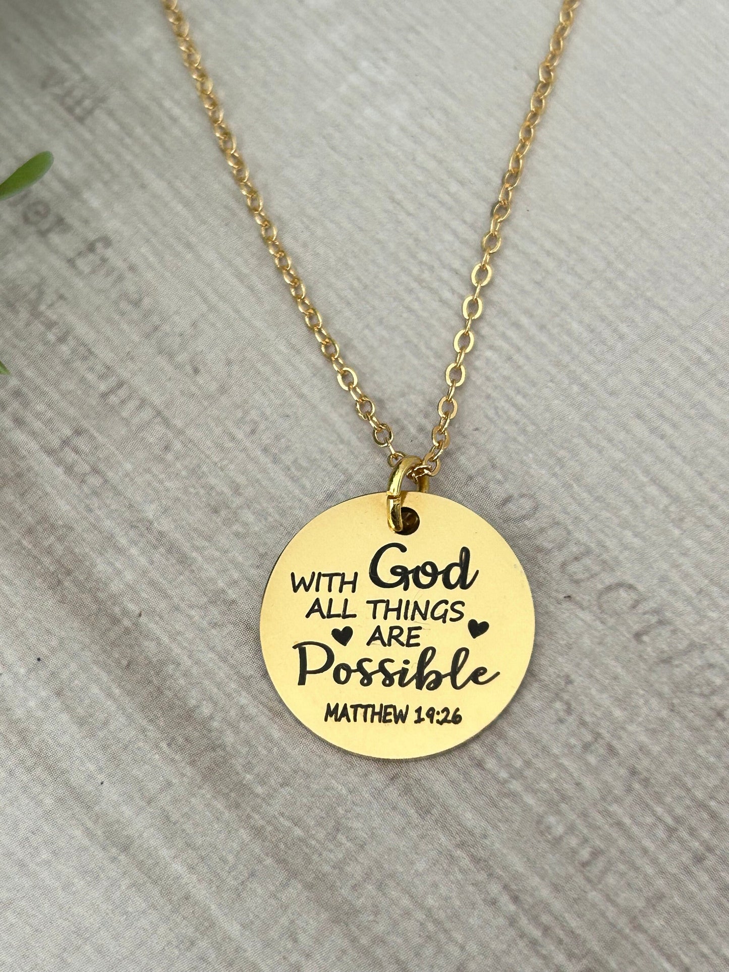 With God All Things are Possible Scripture Gold Necklace, Bible Verse Jewelry, Christian Gifts, Mathew 19:26, Baptism Gift, Scripture Charms