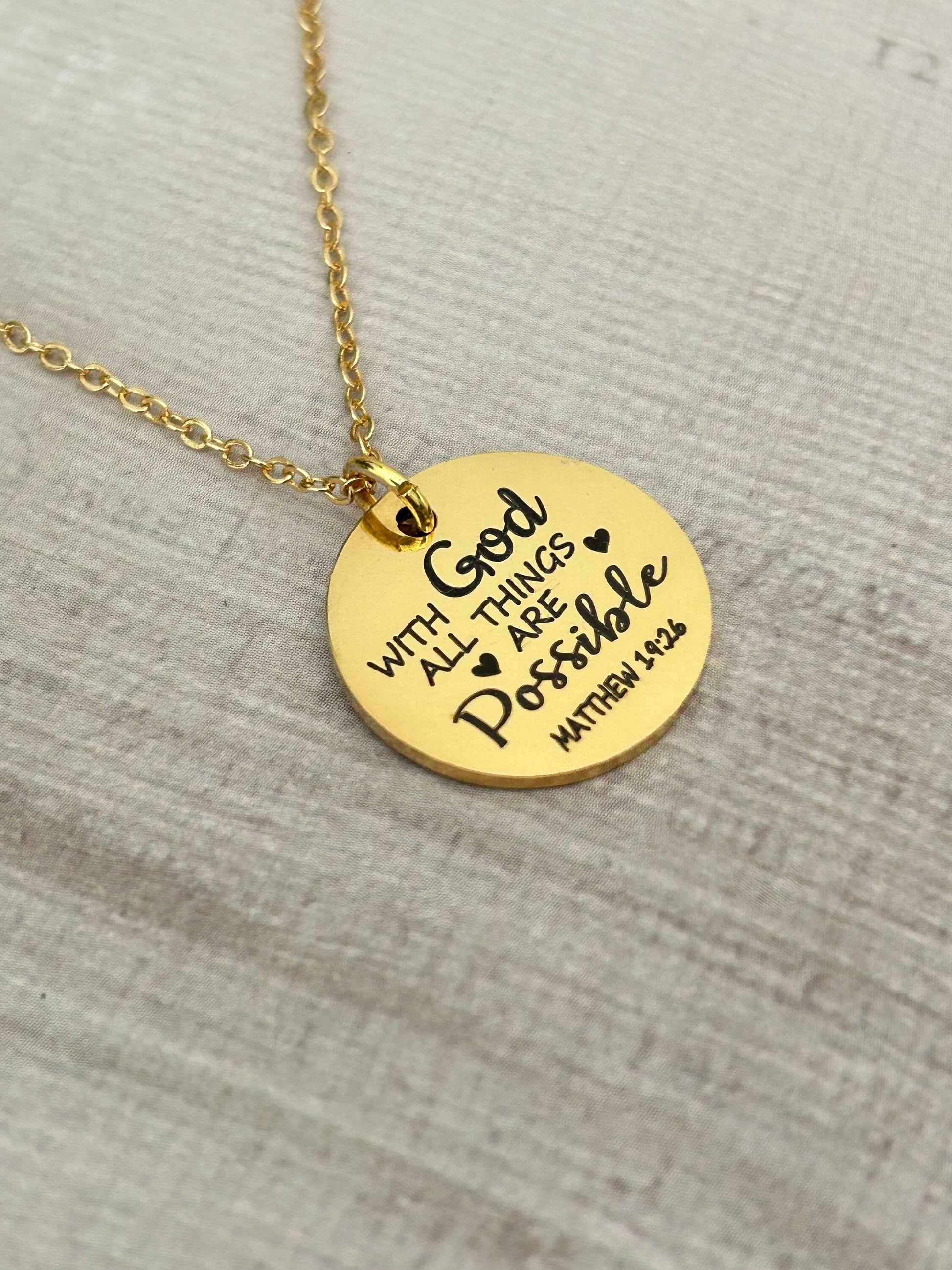 With God All Things are Possible Scripture Gold Necklace, Bible Verse Jewelry, Christian Gifts, Mathew 19:26, Baptism Gift, Scripture Charms