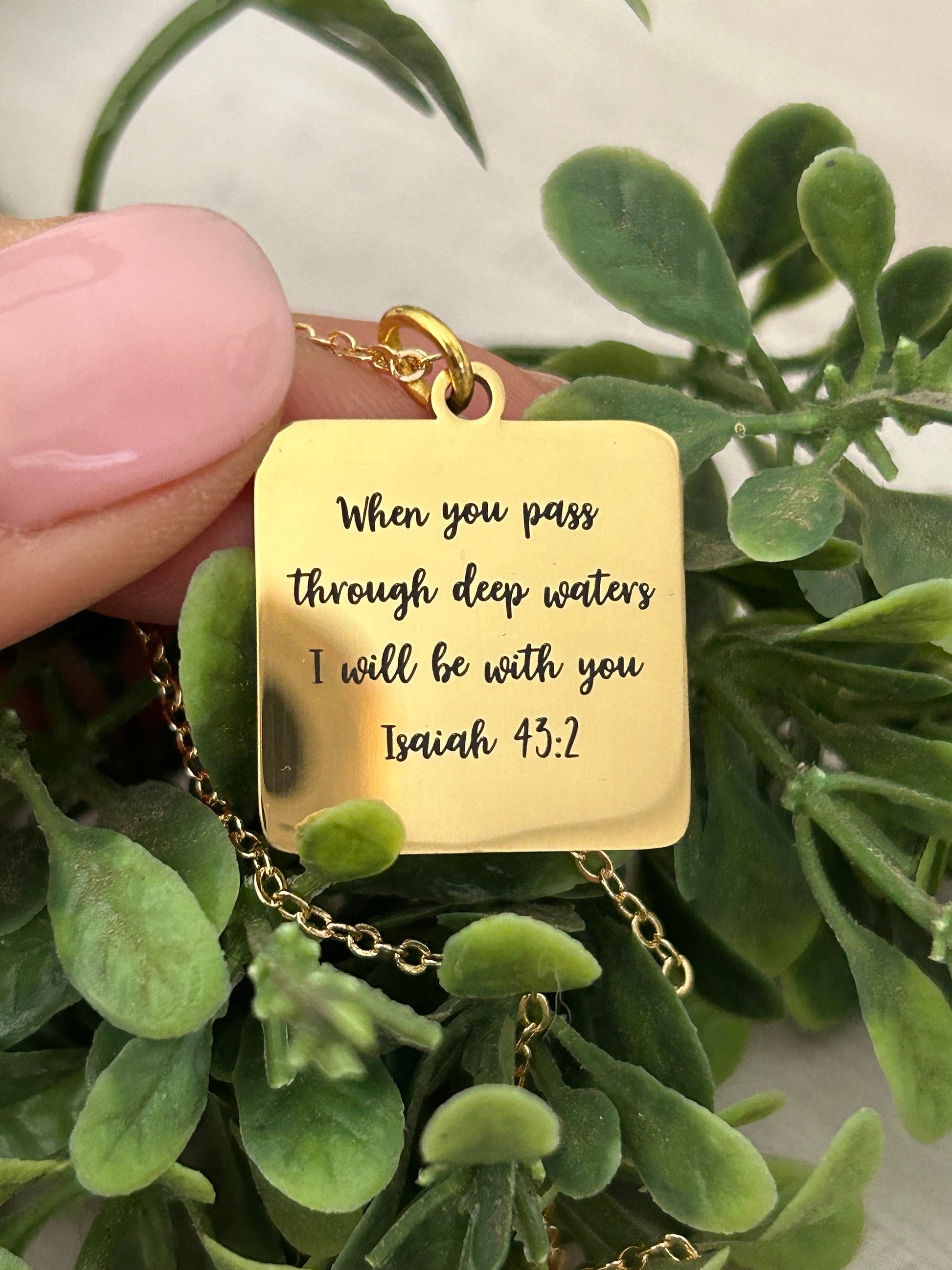 When you pass through deep waters I will be with you Gold Scripture Necklace, Isaiah 43:2, Christian Gifts Jewelry, Bible Verse Necklace