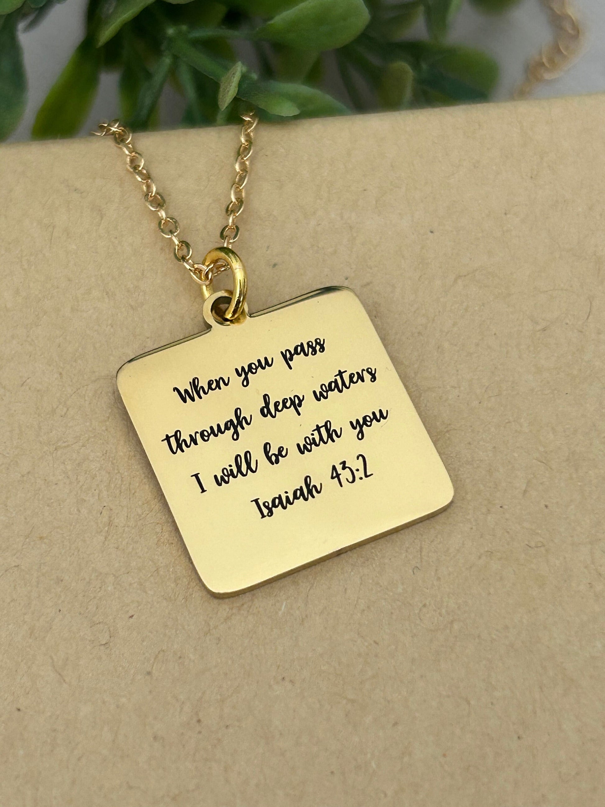 When you pass through deep waters I will be with you Gold Scripture Necklace, Isaiah 43:2, Christian Gifts Jewelry, Bible Verse Necklace