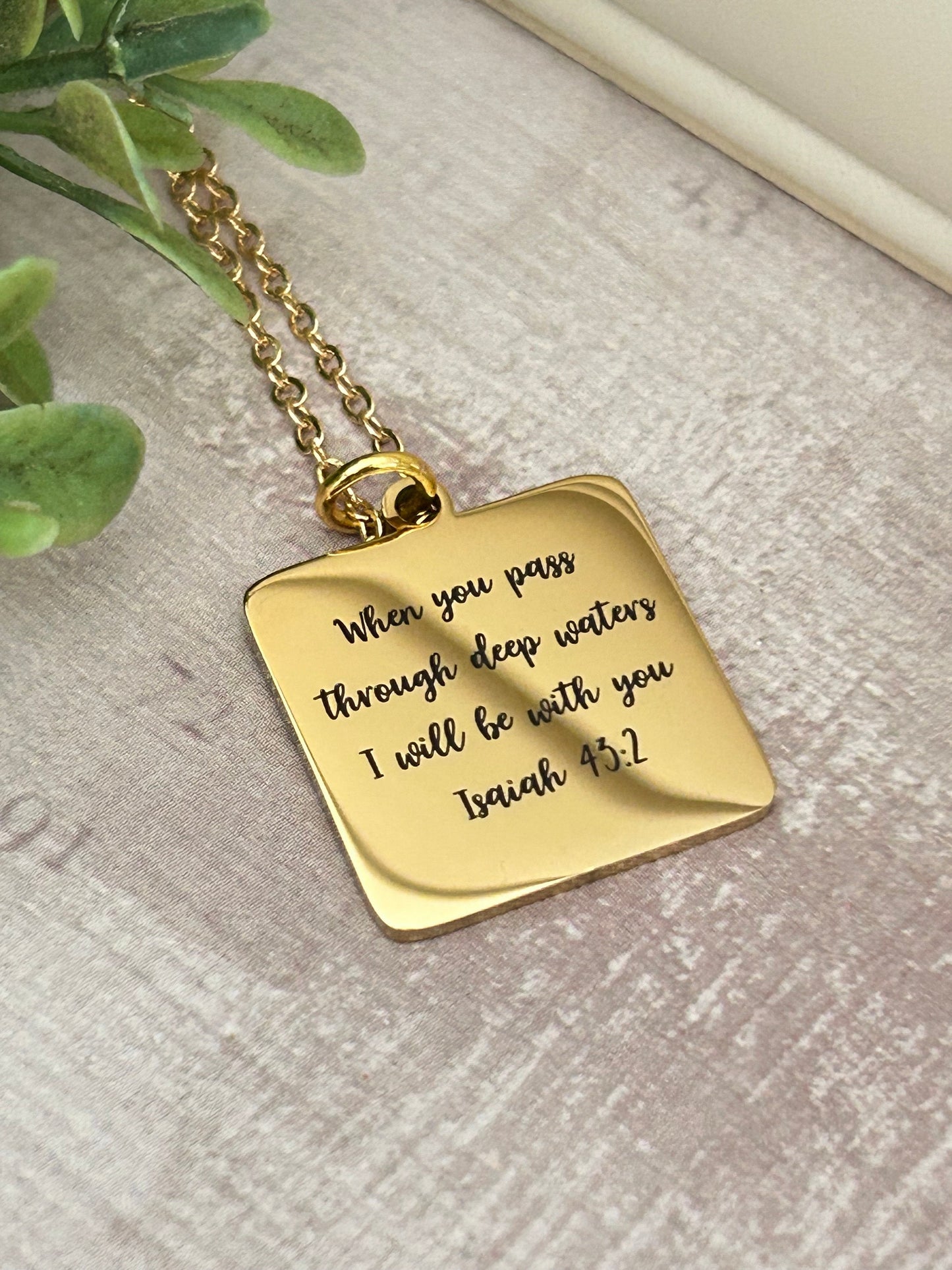 When you pass through deep waters I will be with you Gold Scripture Necklace, Isaiah 43:2, Christian Gifts Jewelry, Bible Verse Necklace