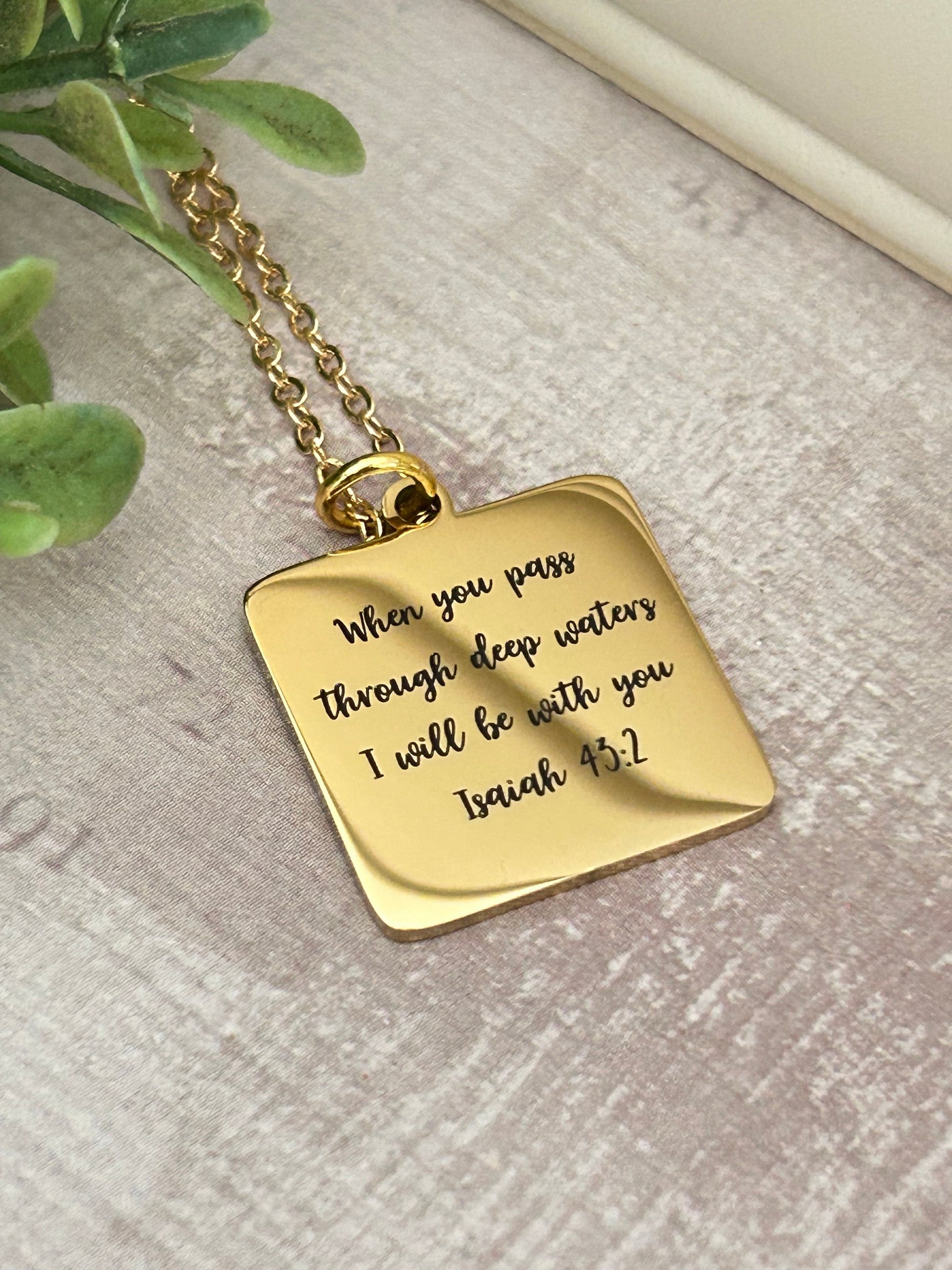 When you pass through deep waters I will be with you Gold Scripture Necklace, Isaiah 43:2, Christian Gifts Jewelry, Bible Verse Necklace