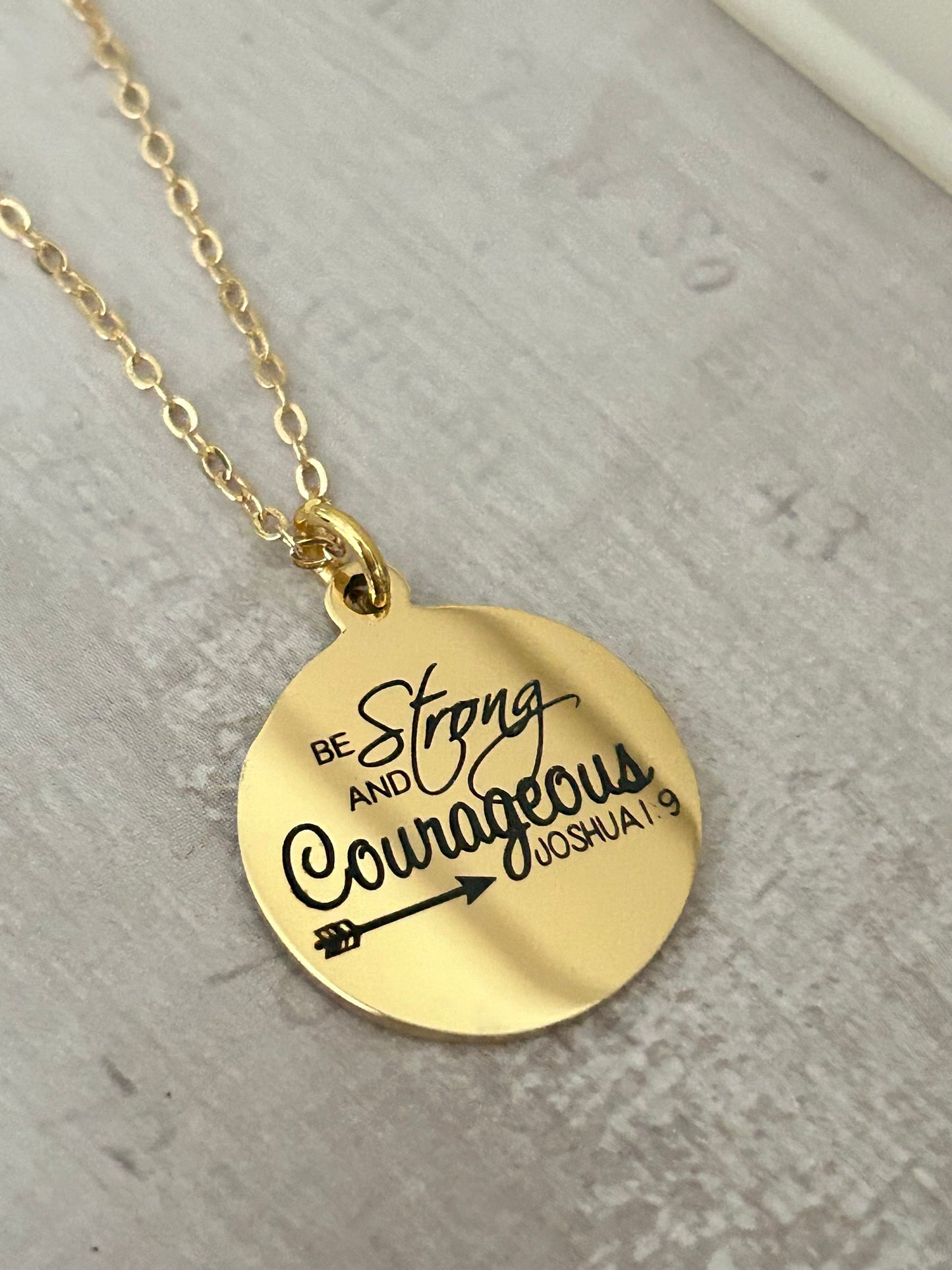 Be Strong And Courageous Disc Gold Necklace, Bible Verse Charms, Christian Gifts, Scripture Jewelry, Faith Baptism Necklace, Joshua 1:9