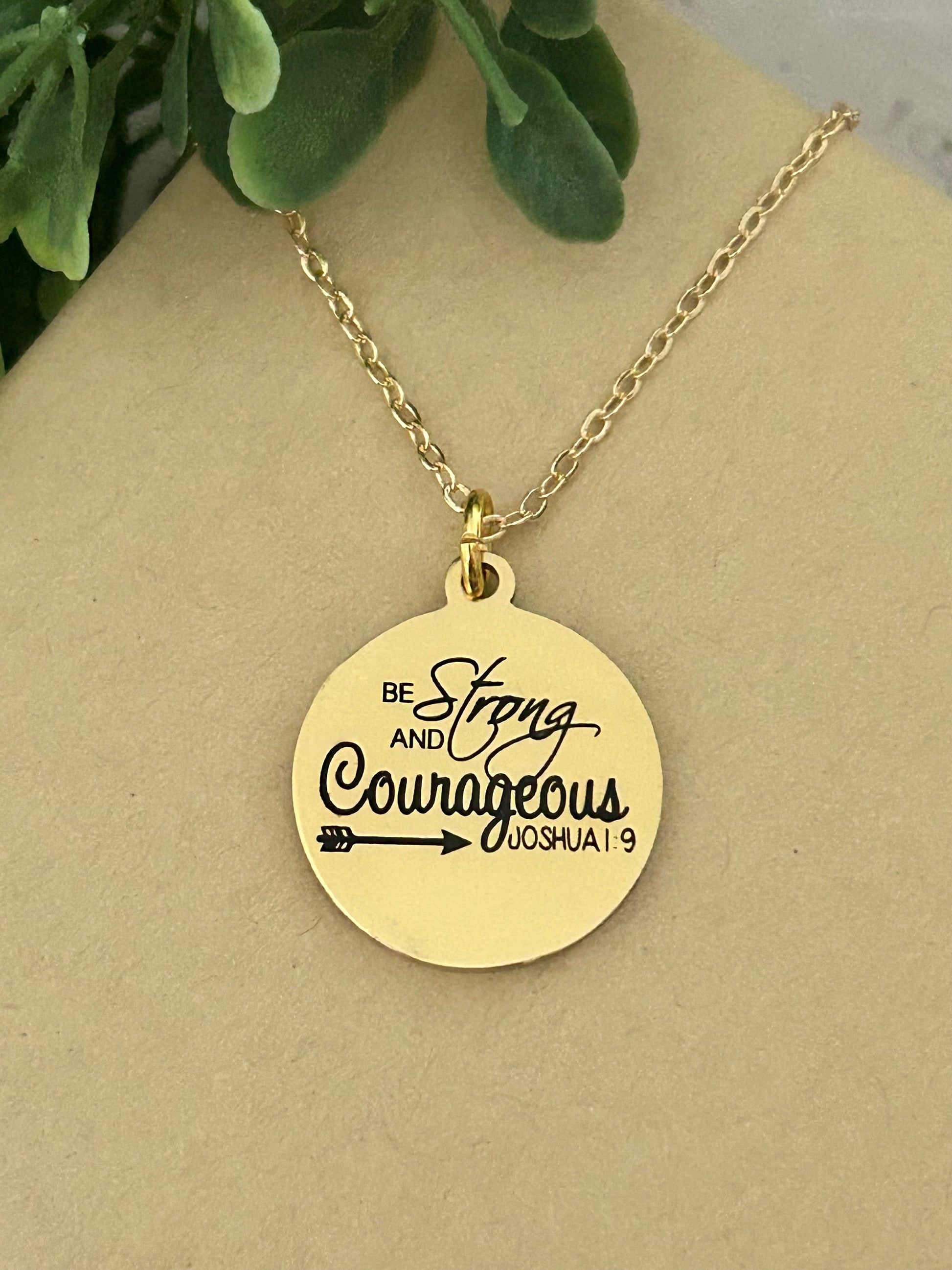 Be Strong And Courageous Disc Gold Necklace, Bible Verse Charms, Christian Gifts, Scripture Jewelry, Faith Baptism Necklace, Joshua 1:9