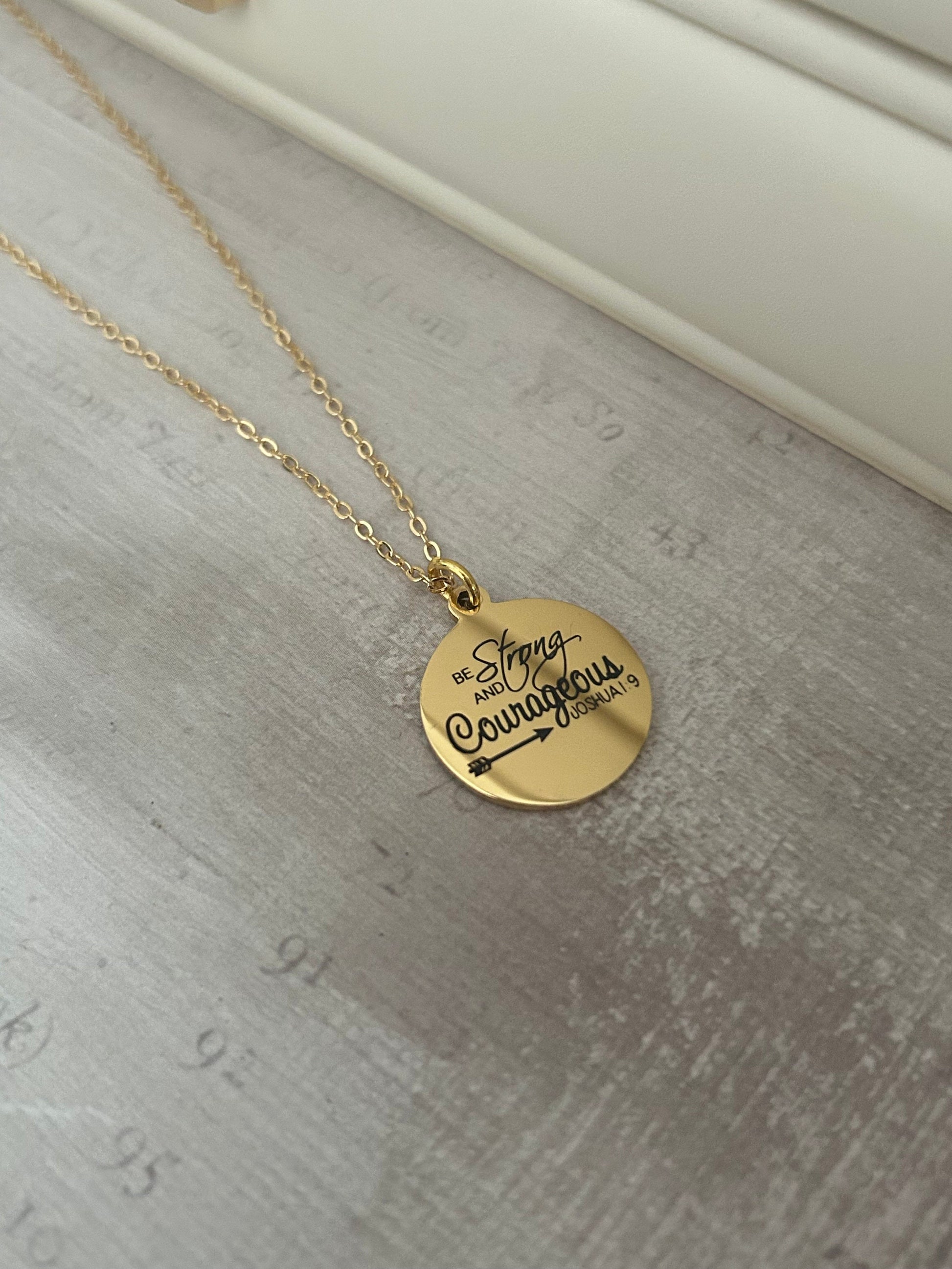 Be Strong And Courageous Disc Gold Necklace, Bible Verse Charms, Christian Gifts, Scripture Jewelry, Faith Baptism Necklace, Joshua 1:9