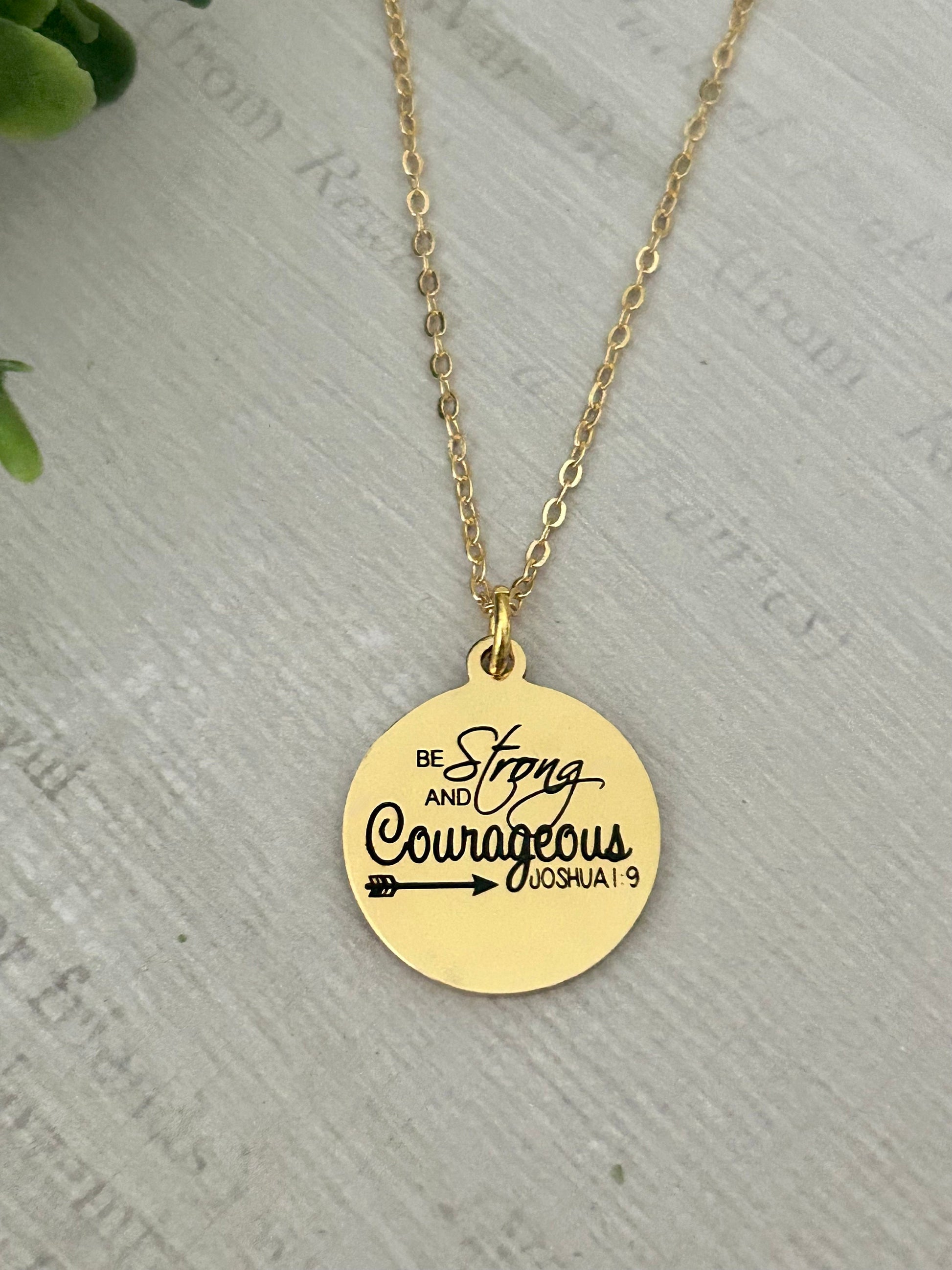 Be Strong And Courageous Disc Gold Necklace, Bible Verse Charms, Christian Gifts, Scripture Jewelry, Faith Baptism Necklace, Joshua 1:9