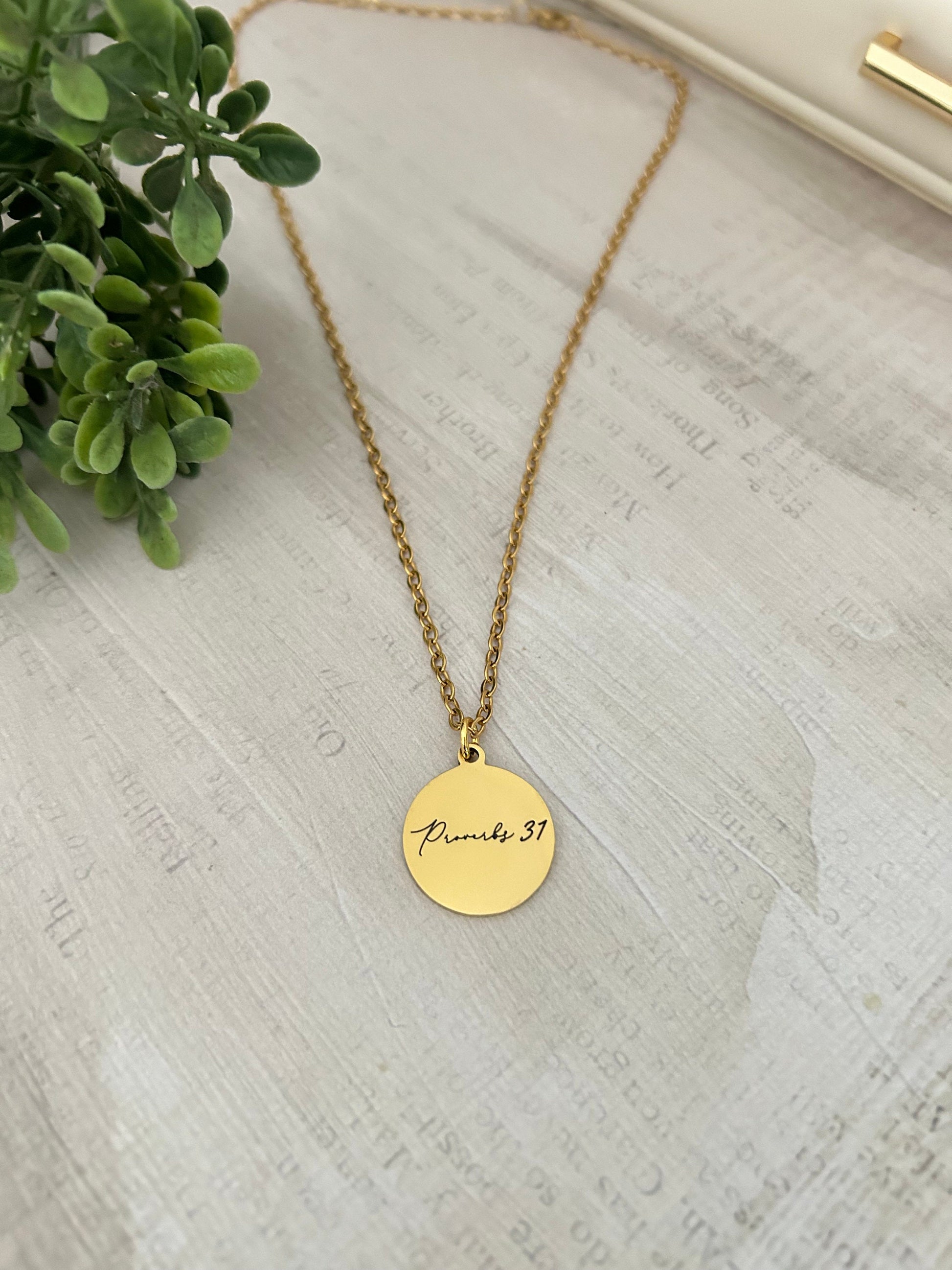 Proverbs 31 Gold Disc Necklace, A Woman who fears The Lord is to be praised, Christian Jewelry Gifts, Bible Verse Necklace, Proverbs Woman