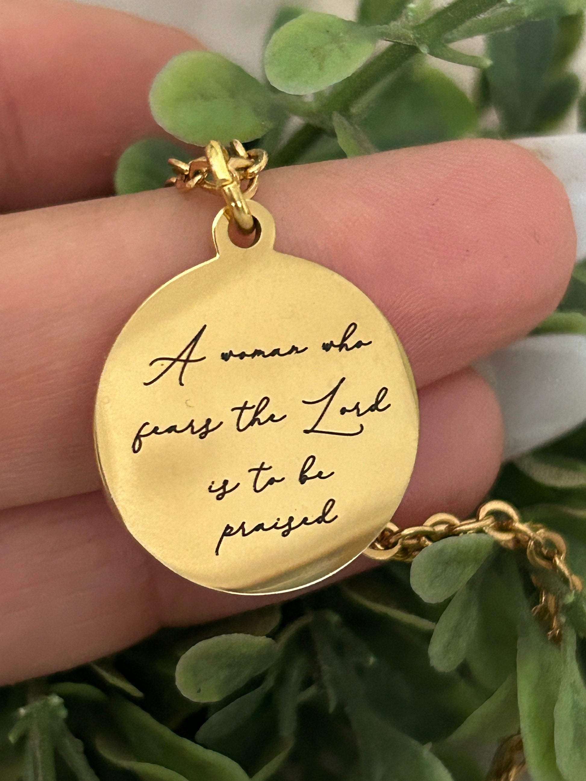 Proverbs 31 Gold Disc Necklace, A Woman who fears The Lord is to be praised, Christian Jewelry Gifts, Bible Verse Necklace, Proverbs Woman