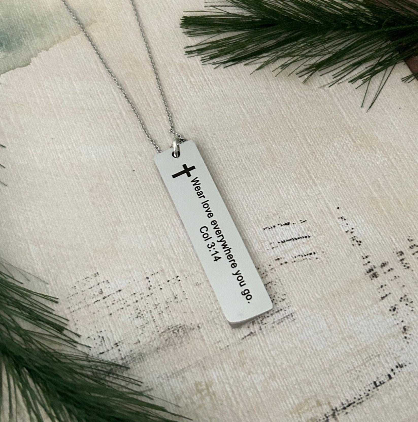 Wear Love Everywhere You Go Stainless Steel Bible Verse Bar Necklace, Scripture Charms, Christian Jewelry Gifts, Baptism Necklace