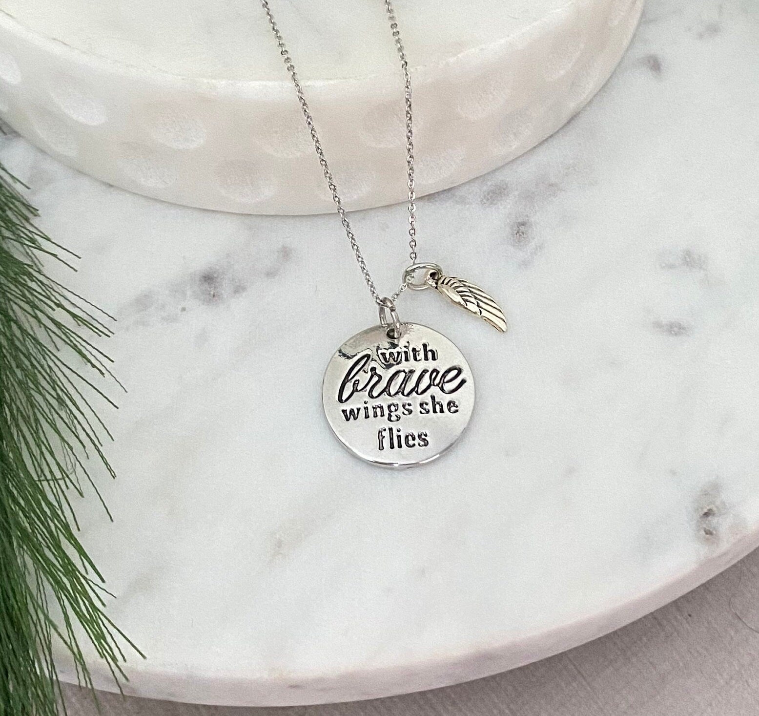 With Brave Wings She Flies Angel Wing Inspirational Necklace, Inspirational Quote Necklace, Graduation Gift, Brave Charm