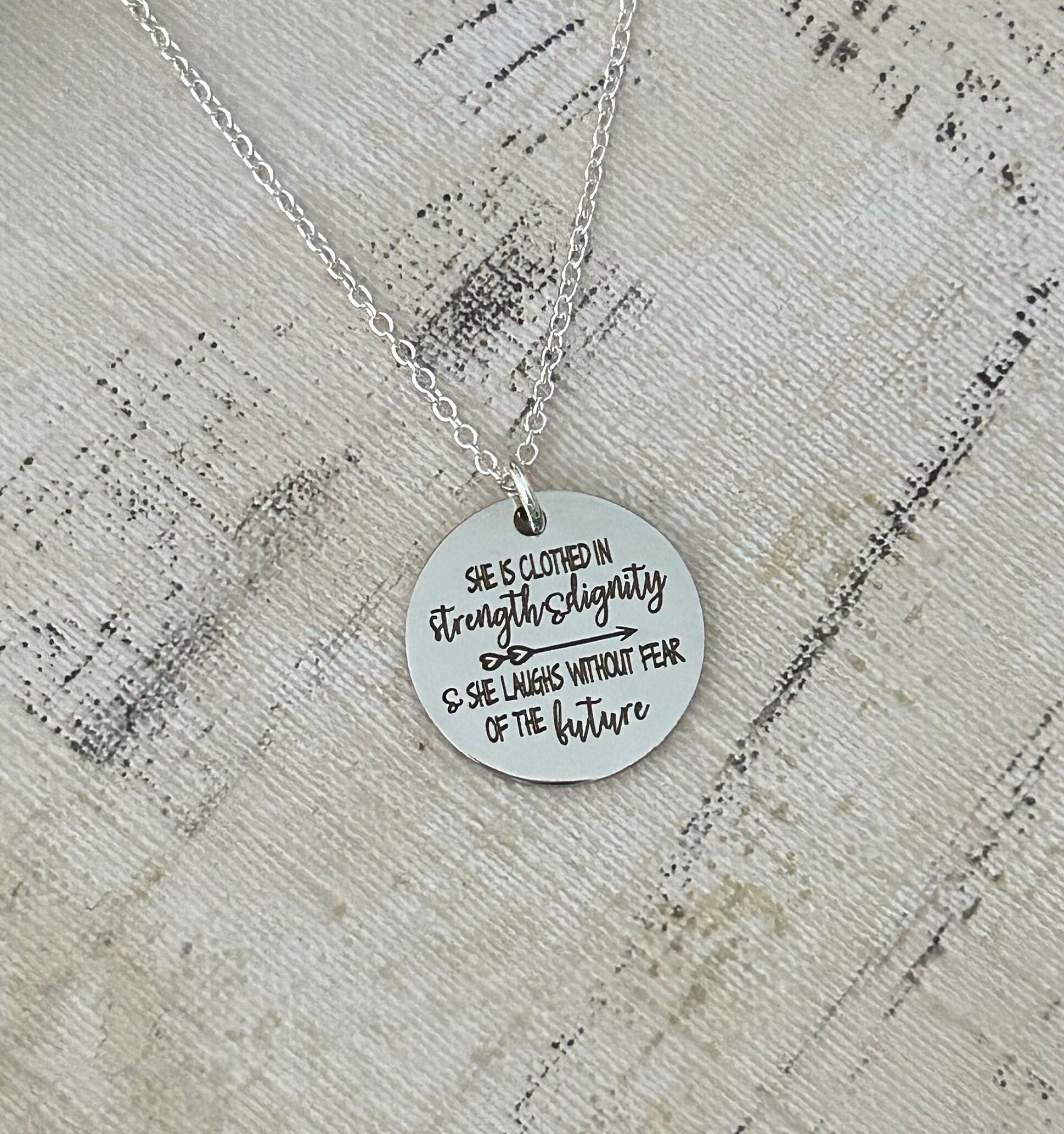 She is clothed in strength and Dignity Bible Verse Necklace, Proverbs 31:25, Christian Gifts Jewelry, Scripture Quote Charm, Motivational