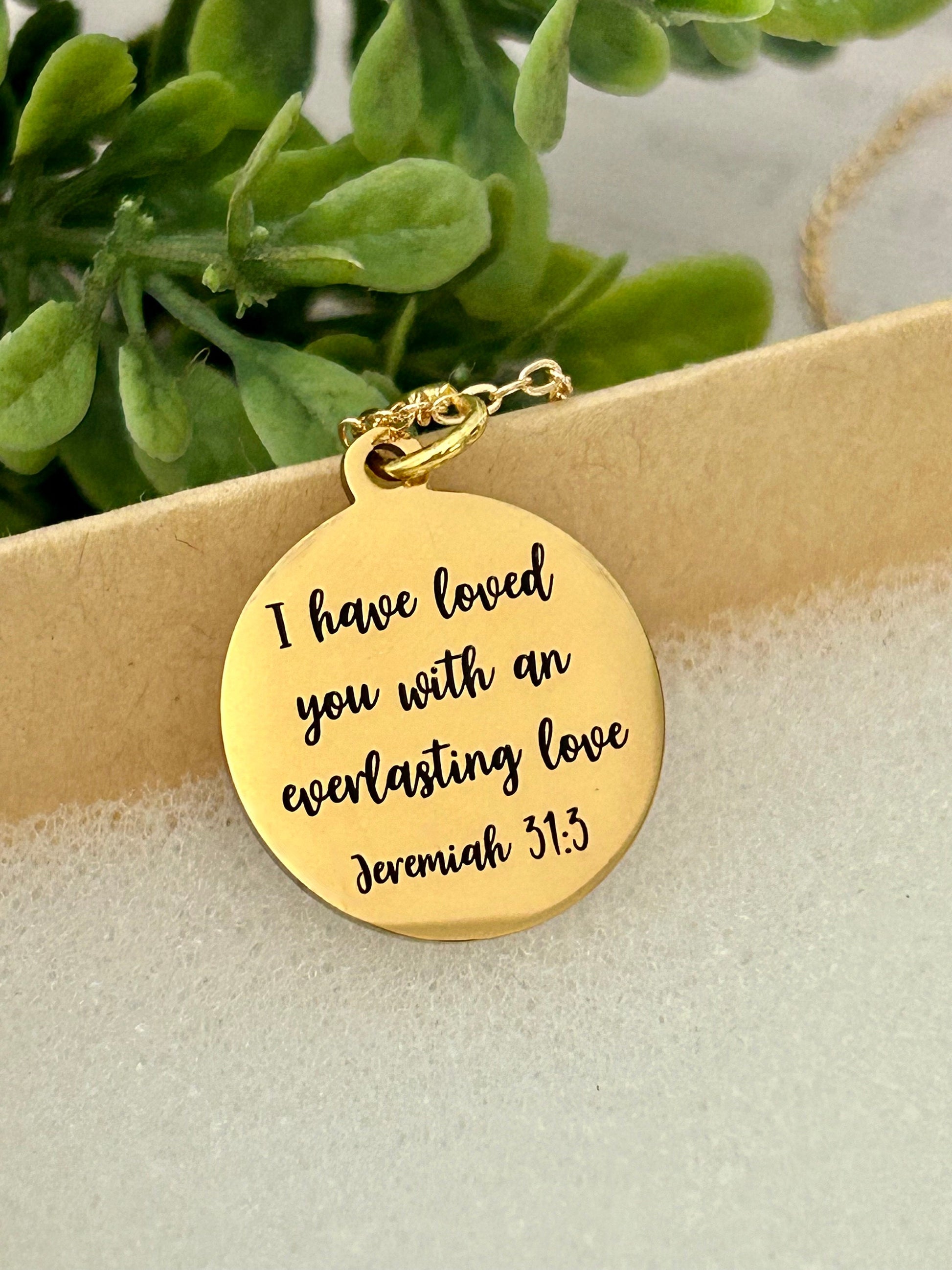 Everlasting love Bible Verse Gold Disc Necklace, Jeremiah 31:3, Christian Gifts, Scripture Jewelry, Motivational Gifts