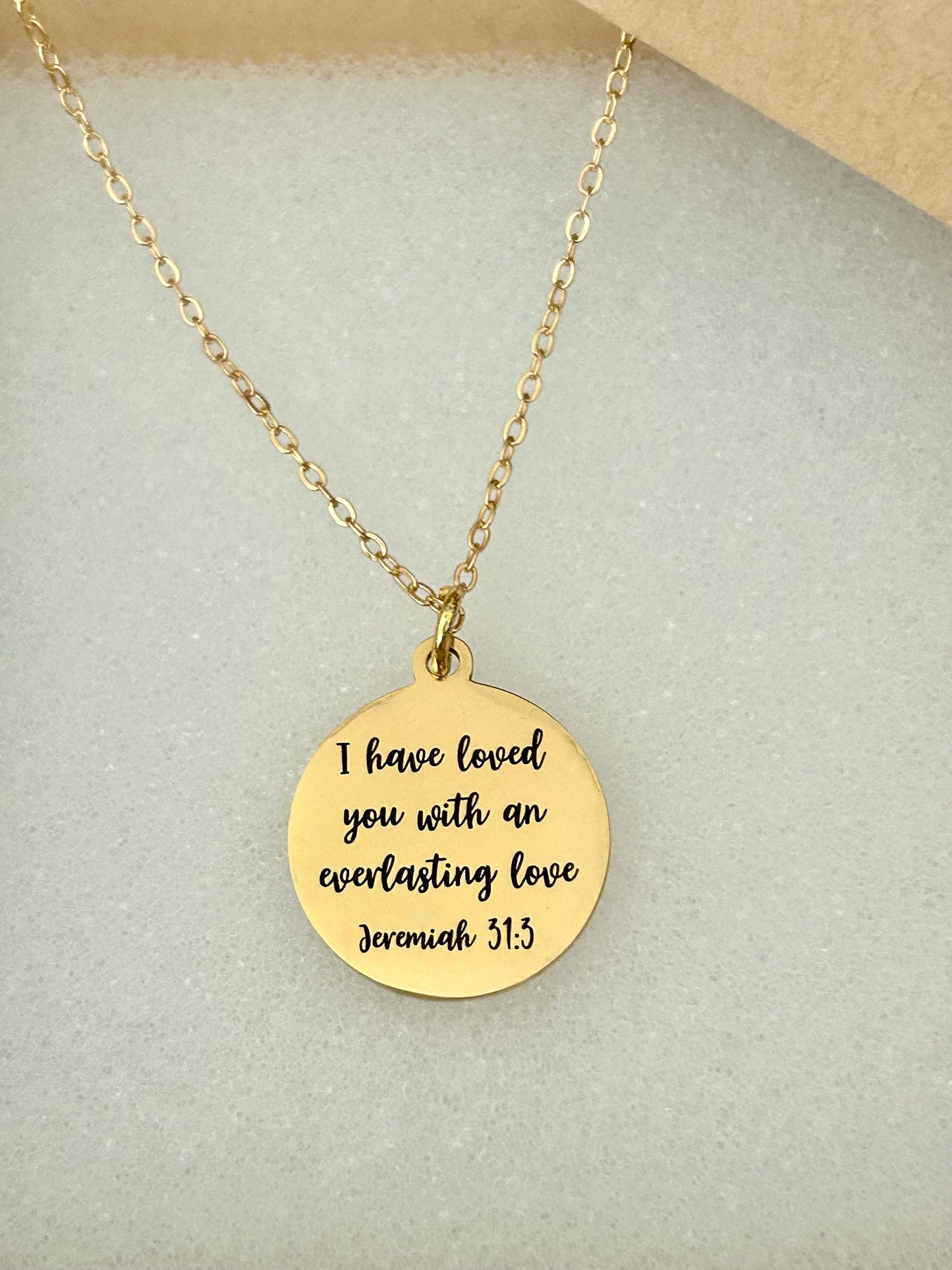 Everlasting love Bible Verse Gold Disc Necklace, Jeremiah 31:3, Christian Gifts, Scripture Jewelry, Motivational Gifts