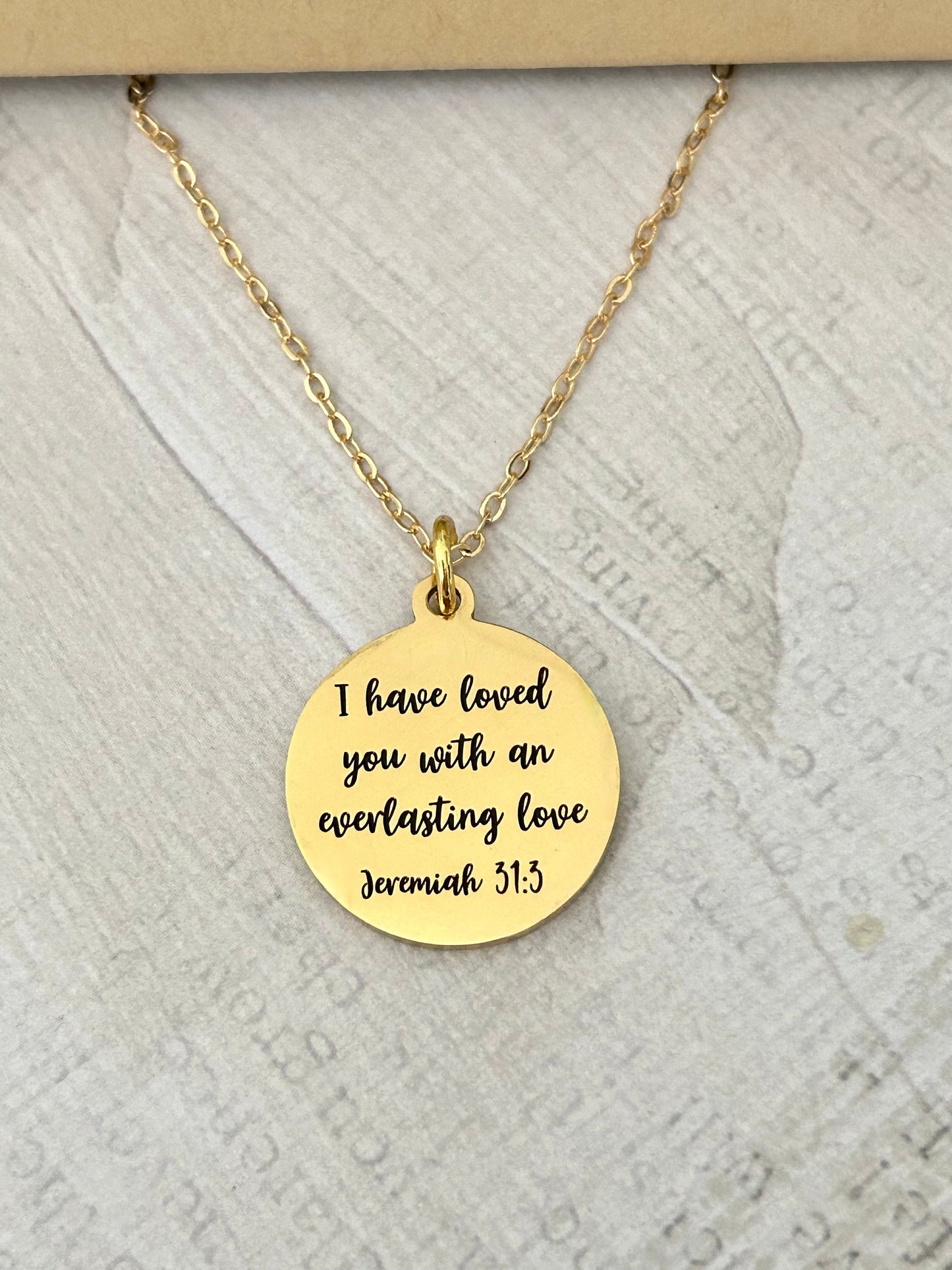 Everlasting love Bible Verse Gold Disc Necklace, Jeremiah 31:3, Christian Gifts, Scripture Jewelry, Motivational Gifts