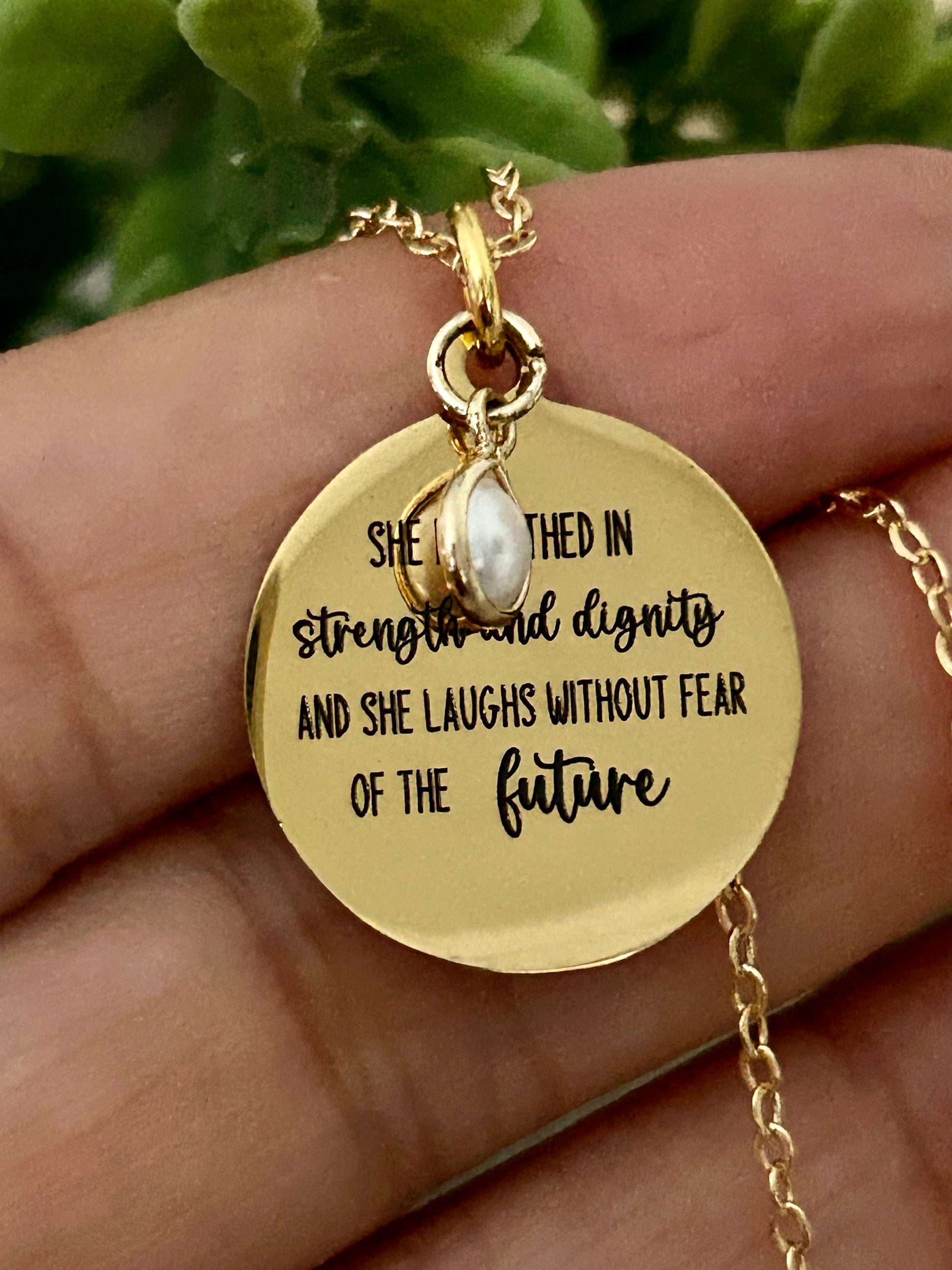 Proverbs 31 Gold Plated Bible Verse Necklace, She is clothed in strength and Dignity, Christian Gifts, Scripture Jewelry, Mothers Day Gift