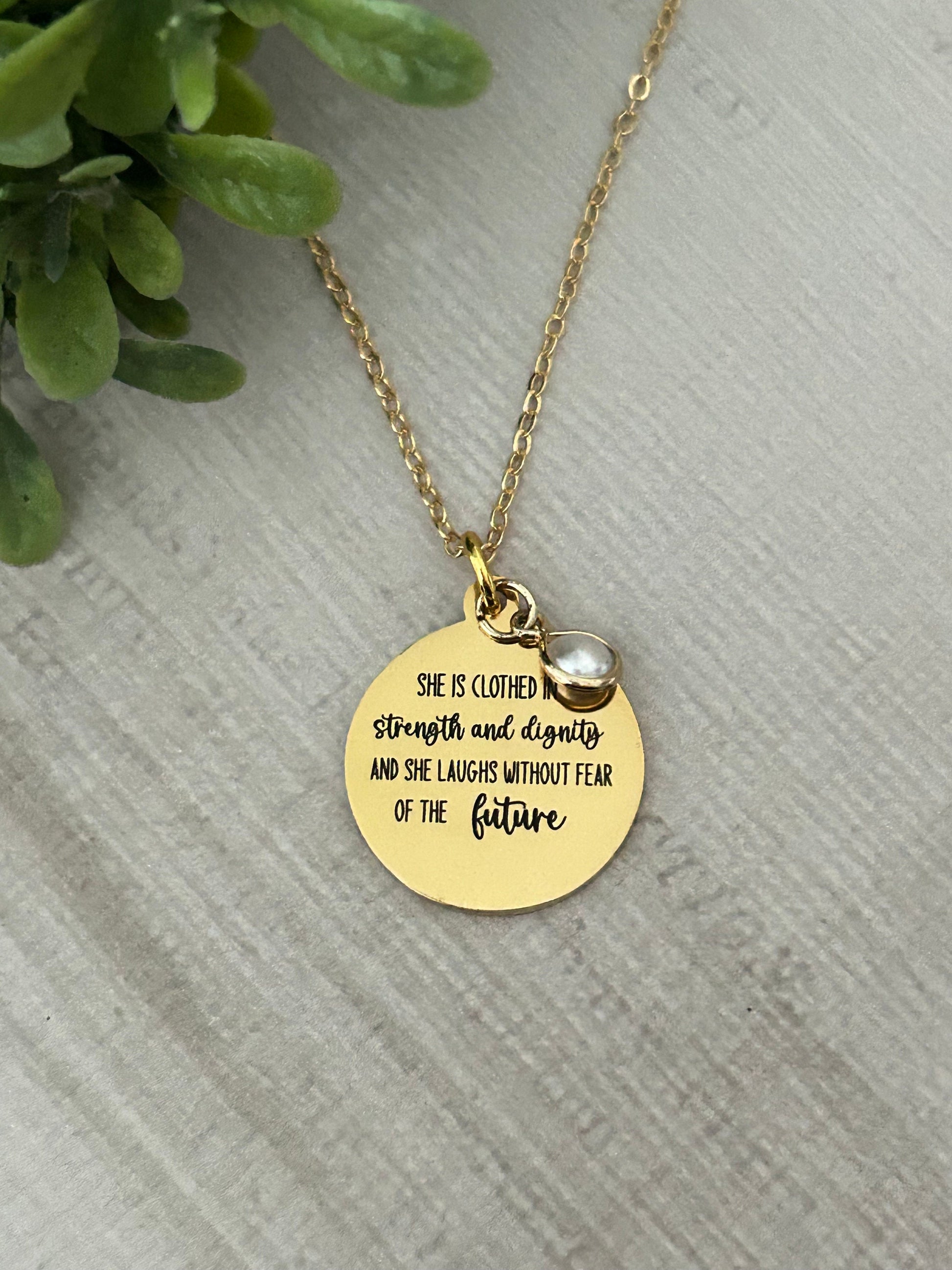 Proverbs 31 Gold Plated Bible Verse Necklace, She is clothed in strength and Dignity, Christian Gifts, Scripture Jewelry, Mothers Day Gift