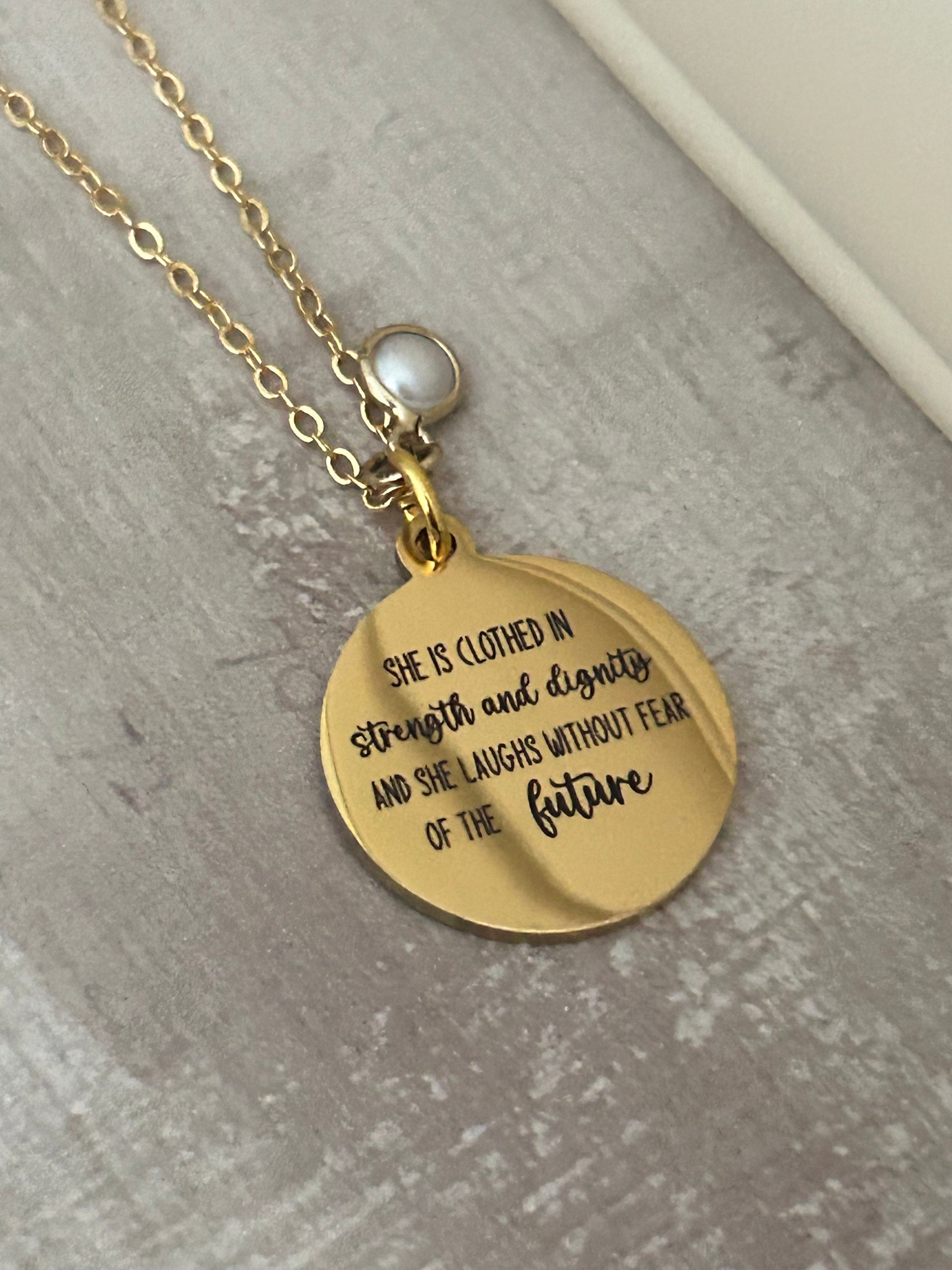 Proverbs 31 Gold Plated Bible Verse Necklace, She is clothed in strength and Dignity, Christian Gifts, Scripture Jewelry, Mothers Day Gift