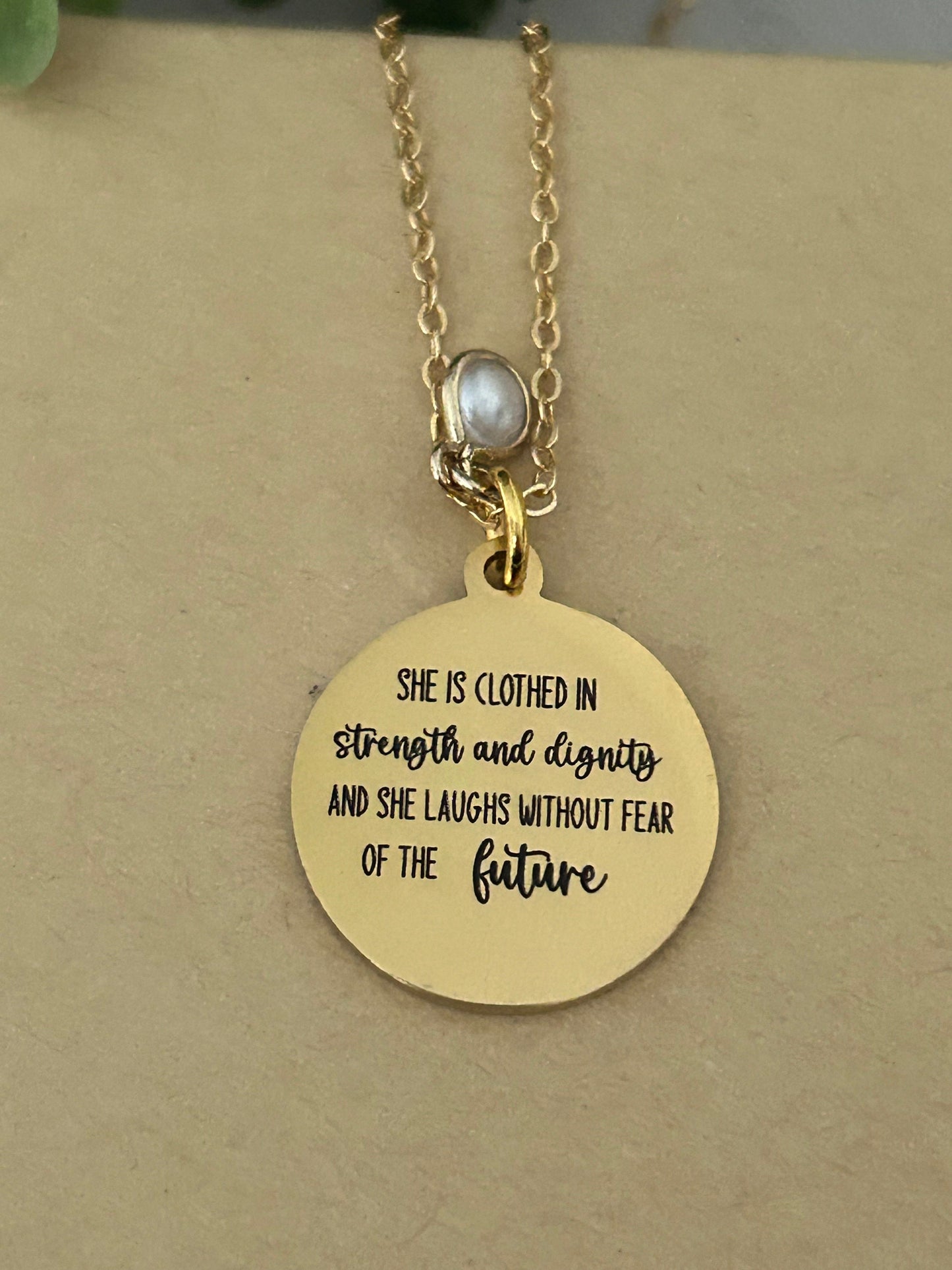 Proverbs 31 Gold Plated Bible Verse Necklace, She is clothed in strength and Dignity, Christian Gifts, Scripture Jewelry, Mothers Day Gift