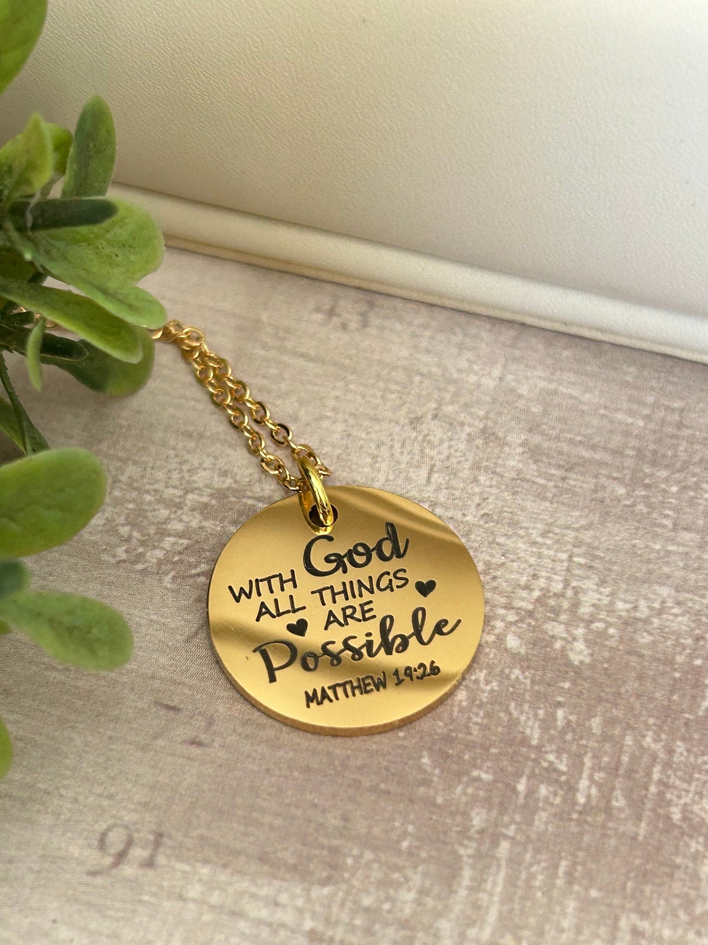 With God All Things are Possible Scripture Gold Necklace, Bible Verse Jewelry, Christian Gifts, Mathew 19:26, Baptism Gift, Scripture Charms