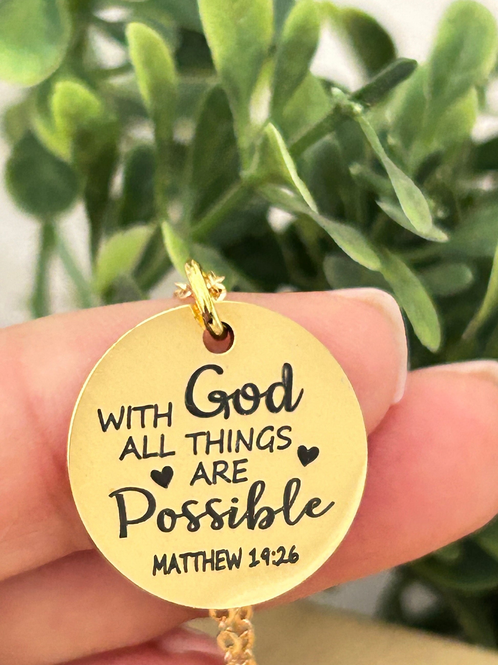 With God All Things are Possible Scripture Gold Necklace, Bible Verse Jewelry, Christian Gifts, Mathew 19:26, Baptism Gift, Scripture Charms