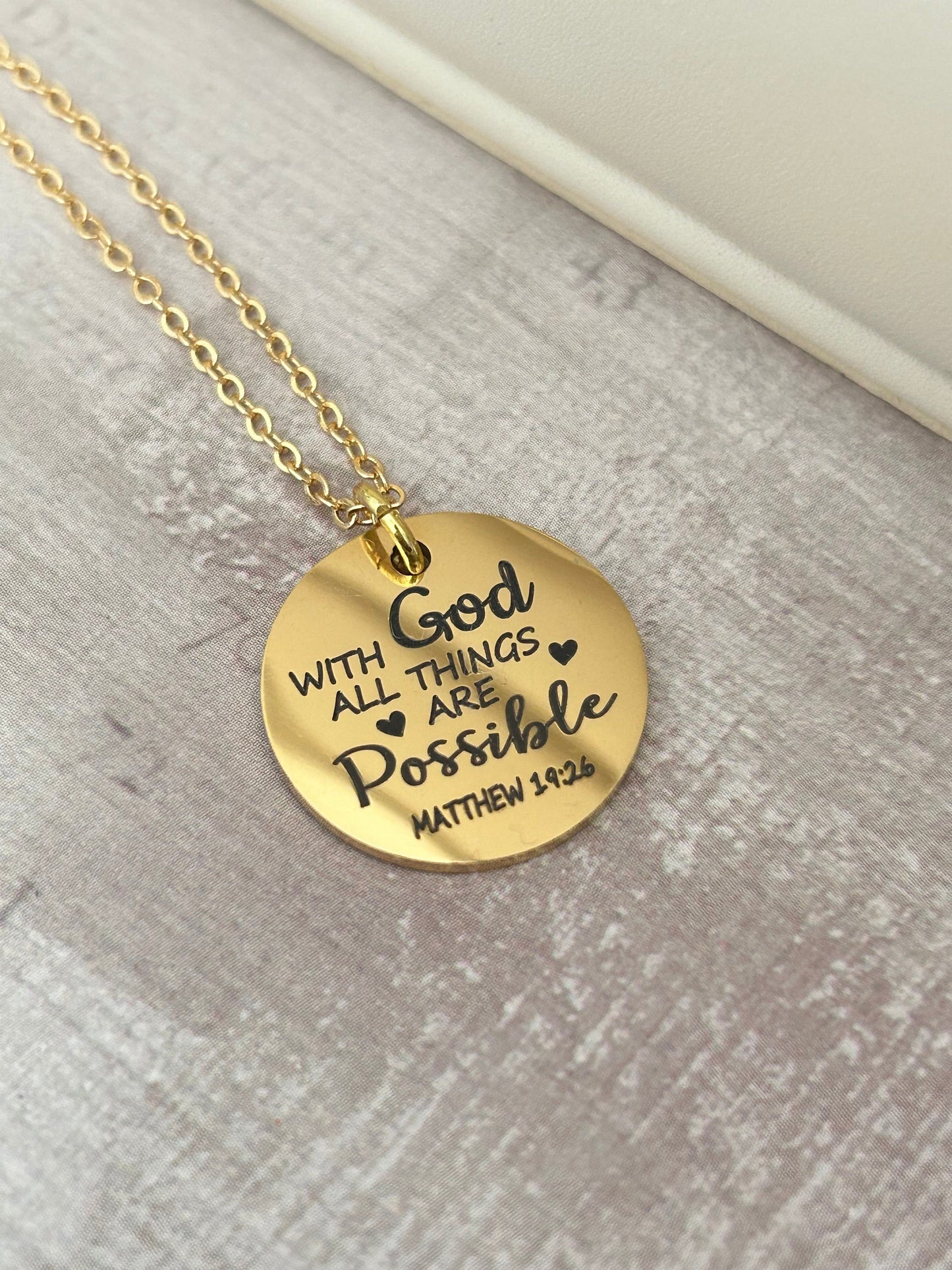 With God All Things are Possible Scripture Gold Necklace, Bible Verse Jewelry, Christian Gifts, Mathew 19:26, Baptism Gift, Scripture Charms