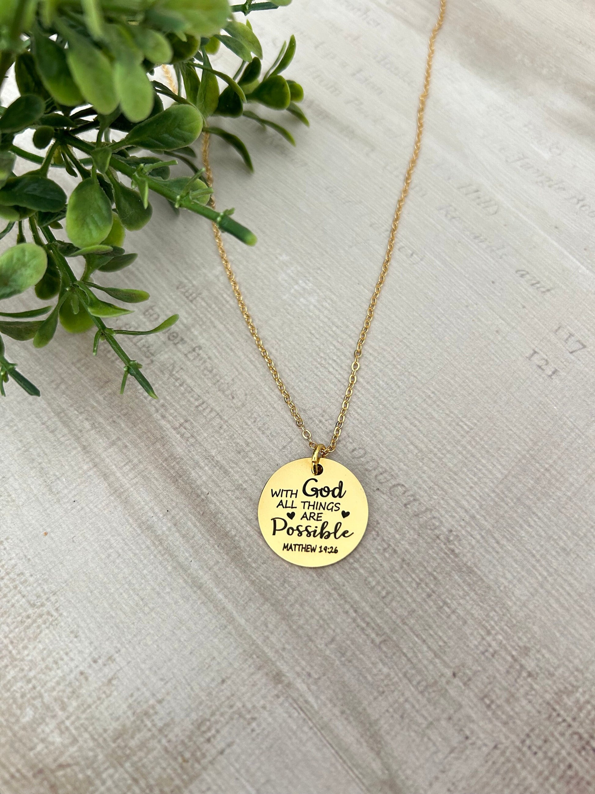 With God All Things are Possible Scripture Gold Necklace, Bible Verse Jewelry, Christian Gifts, Mathew 19:26, Baptism Gift, Scripture Charms