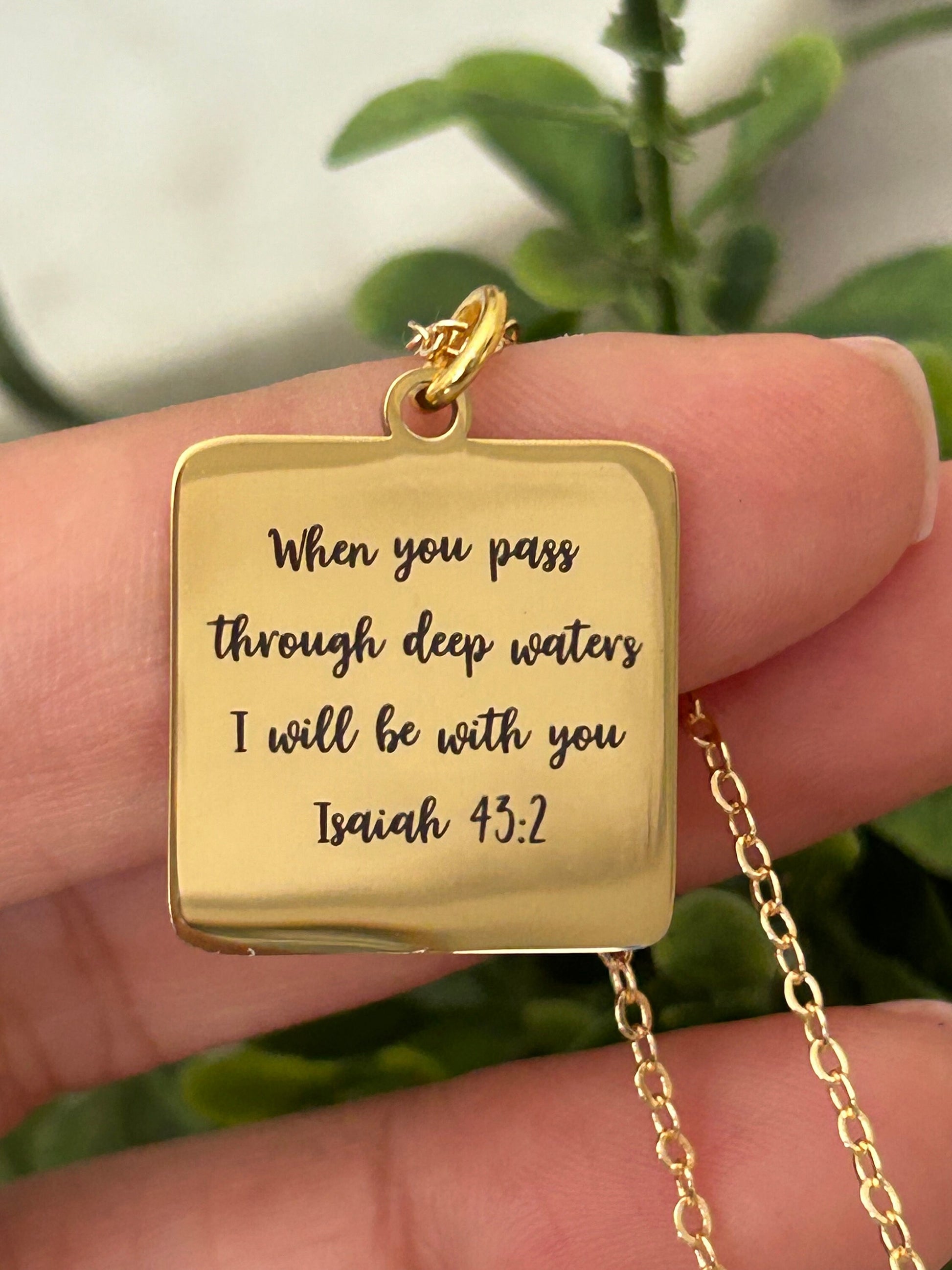 When you pass through deep waters I will be with you Gold Scripture Necklace, Isaiah 43:2, Christian Gifts Jewelry, Bible Verse Necklace