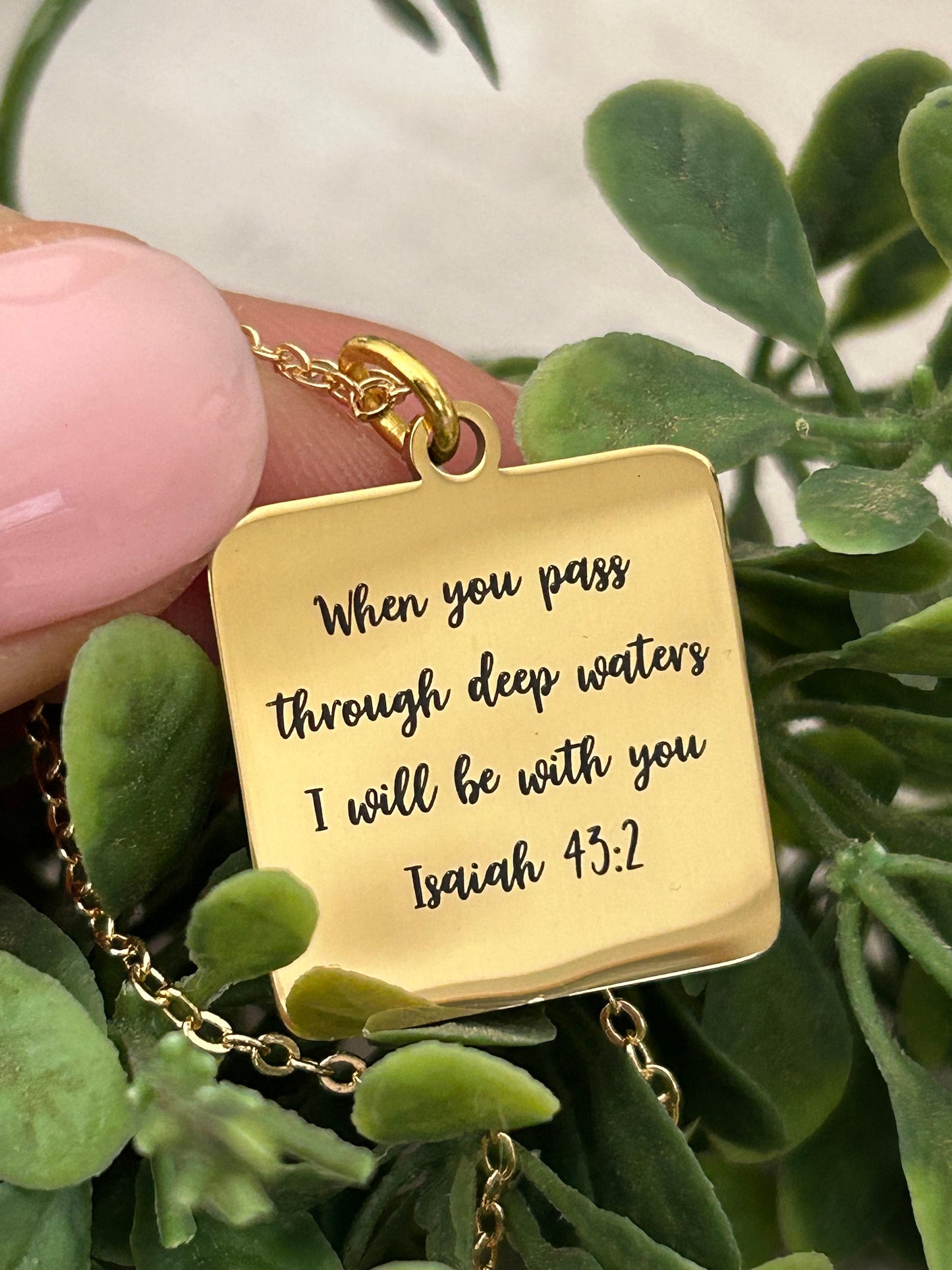 When you pass through deep waters I will be with you Gold Scripture Necklace, Isaiah 43:2, Christian Gifts Jewelry, Bible Verse Necklace