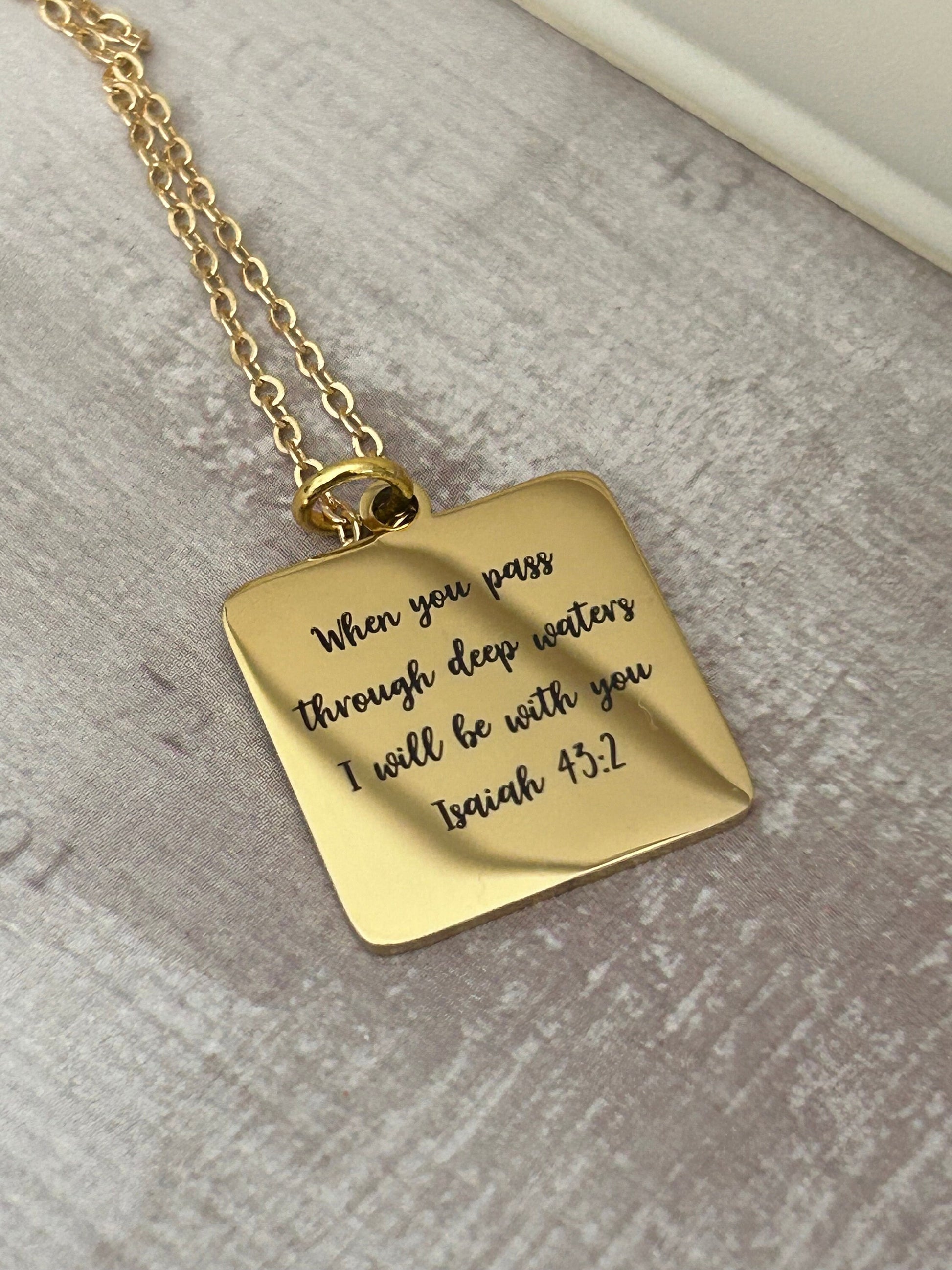 When you pass through deep waters I will be with you Gold Scripture Necklace, Isaiah 43:2, Christian Gifts Jewelry, Bible Verse Necklace