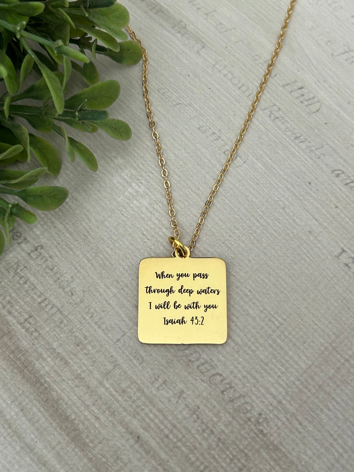 When you pass through deep waters I will be with you Gold Scripture Necklace, Isaiah 43:2, Christian Gifts Jewelry, Bible Verse Necklace