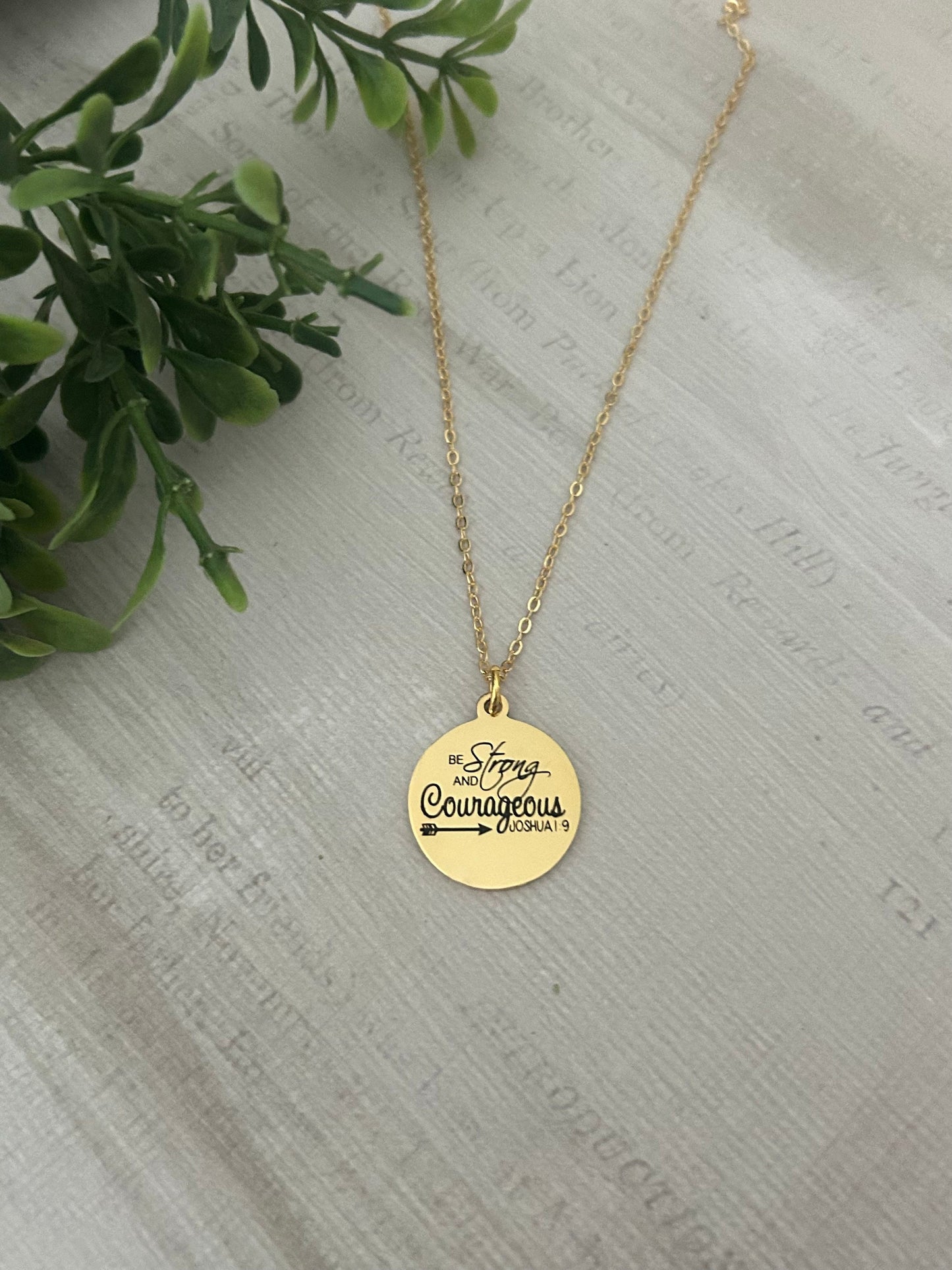 Be Strong And Courageous Disc Gold Necklace, Bible Verse Charms, Christian Gifts, Scripture Jewelry, Faith Baptism Necklace, Joshua 1:9