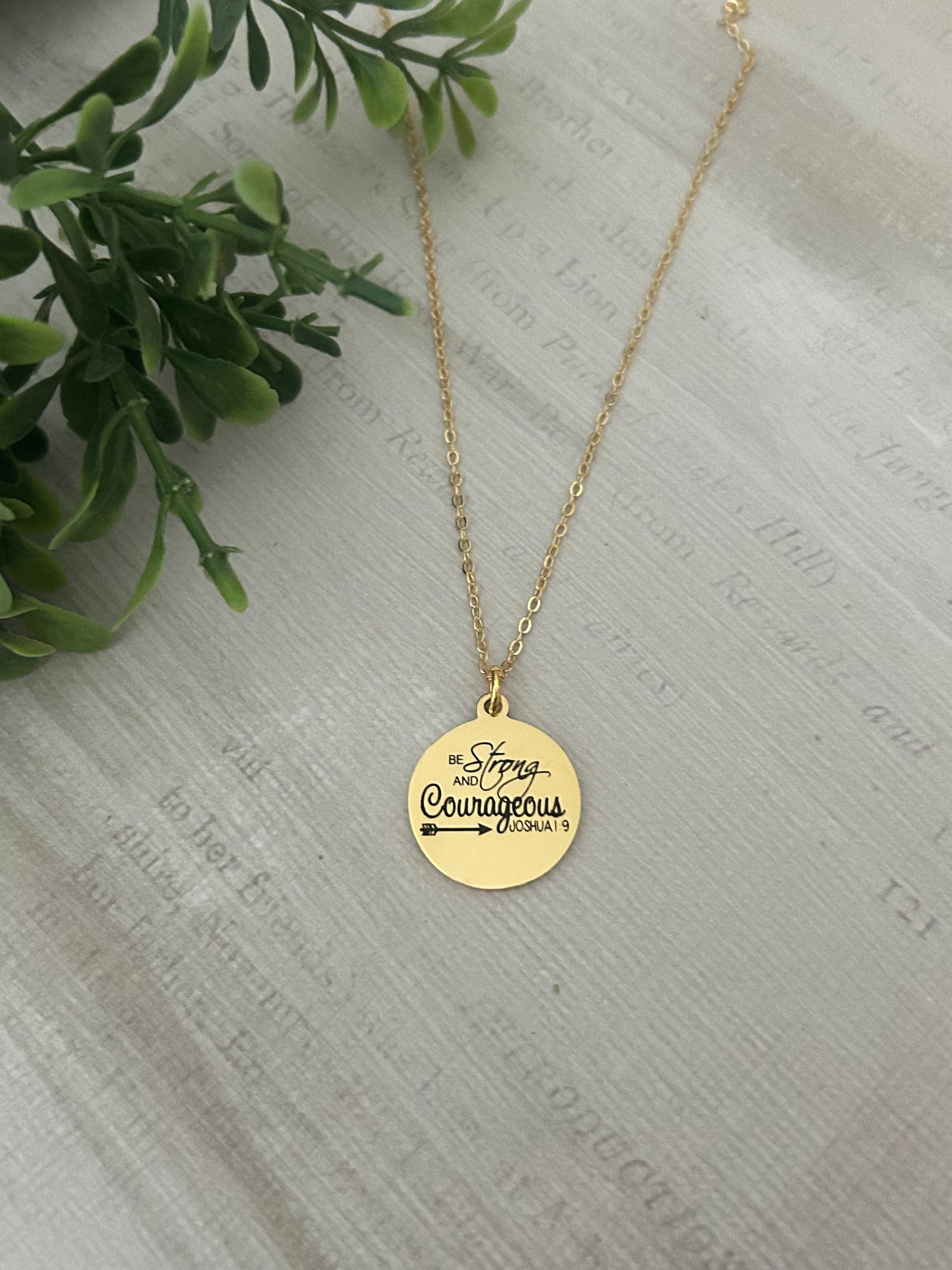 Be Strong And Courageous Disc Gold Necklace, Bible Verse Charms, Christian Gifts, Scripture Jewelry, Faith Baptism Necklace, Joshua 1:9