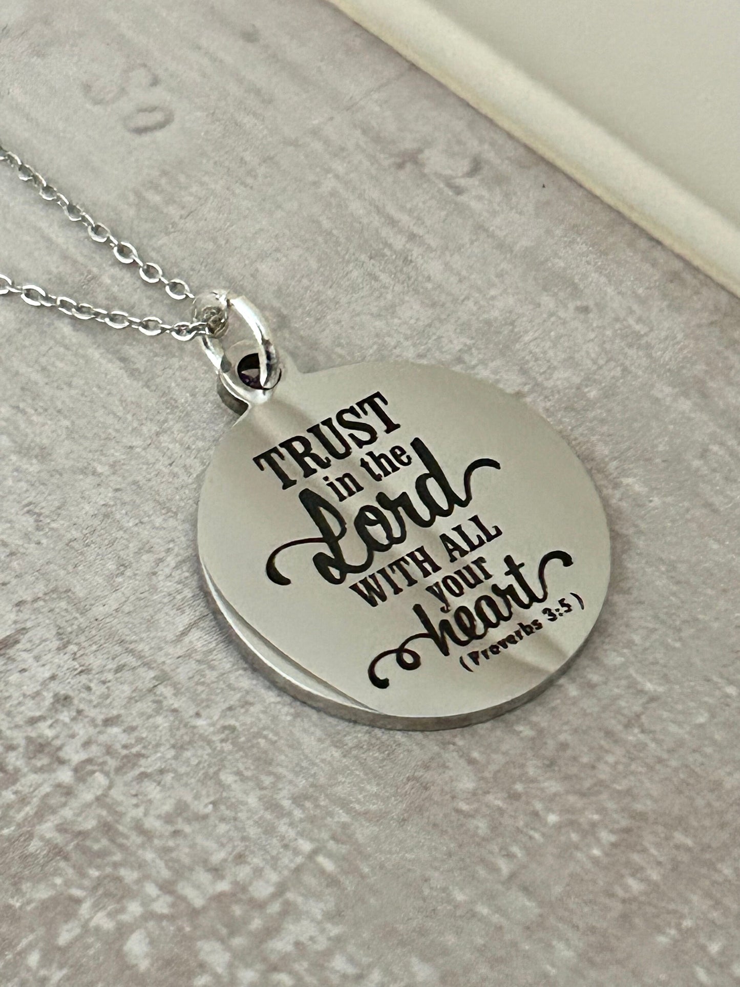 Trust in The Lord with all your heart Silver Bible Verse Necklace, Proverbs 3:5, Christian Gifts, Scripture Jewelry, baptism, motivational