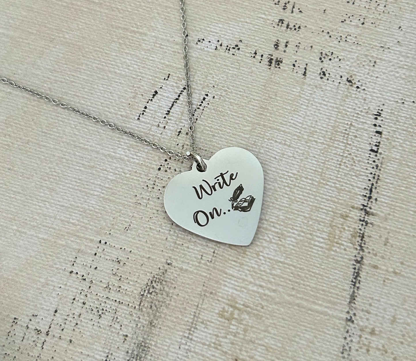 Write on Engraved Silver Necklace, Gift for Writers, Author Heart Pendant, Writers Encouragement Gift, Journaling Writing Jewelry